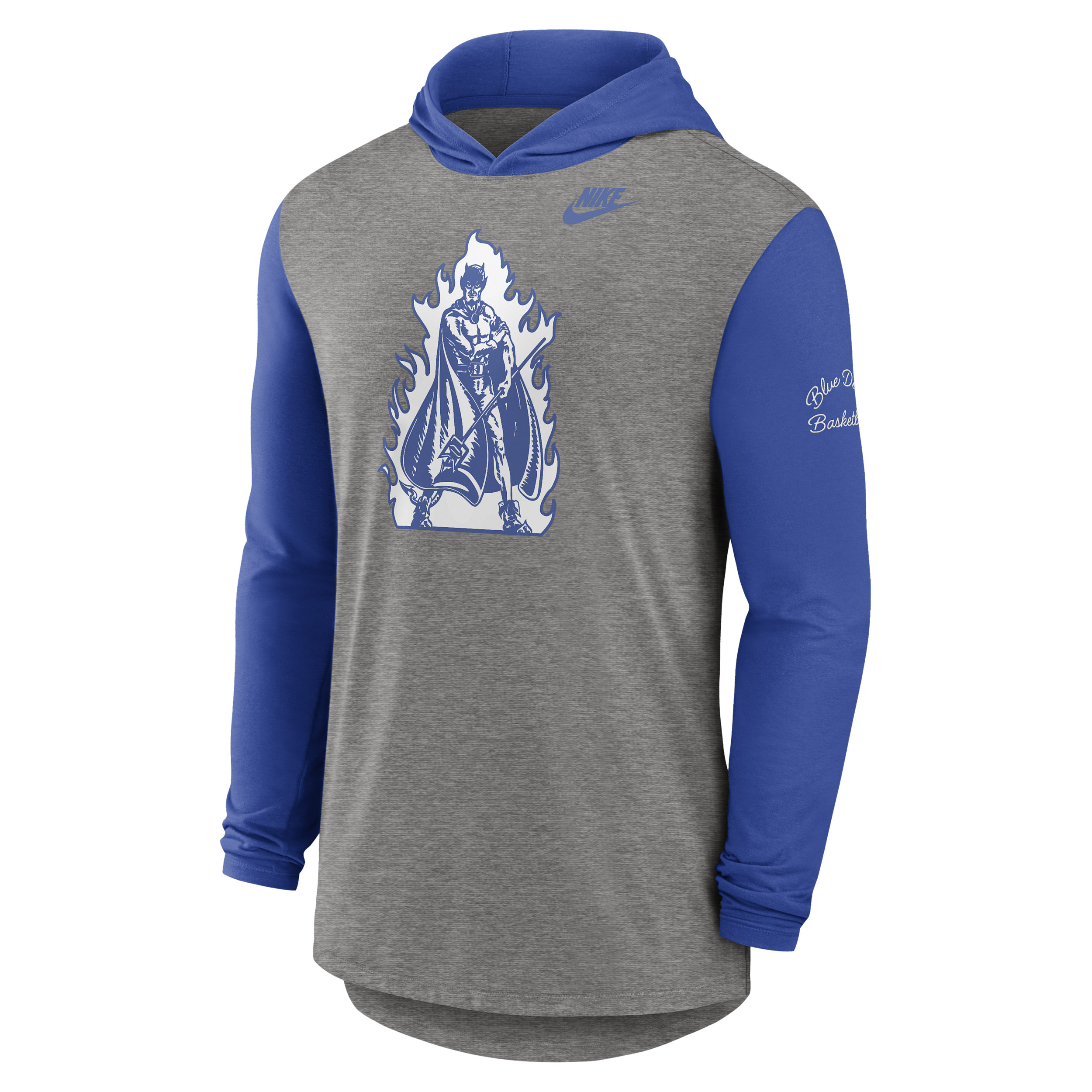 Nike Men's Heather Gray/Royal Duke Blue Devils Campus Legacy Tri-Blend Long Sleeve Hooded T-Shirt - Heather Gray, Royal