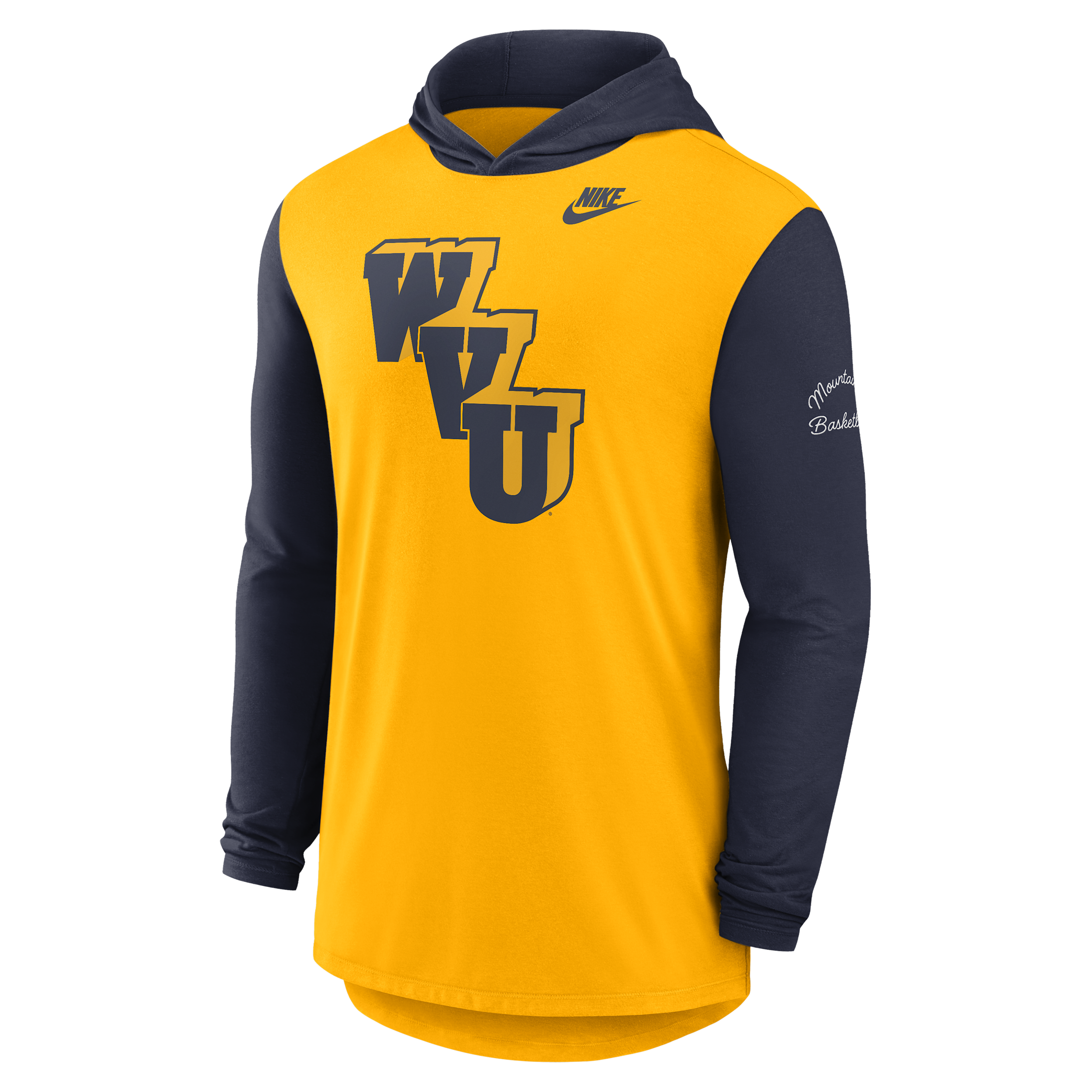 West Virginia Campus Legacy Nike Men's Dri-FIT College Long-Sleeve Hooded T-Shirt in Yellow | 01NB09SHWVV-CNJ