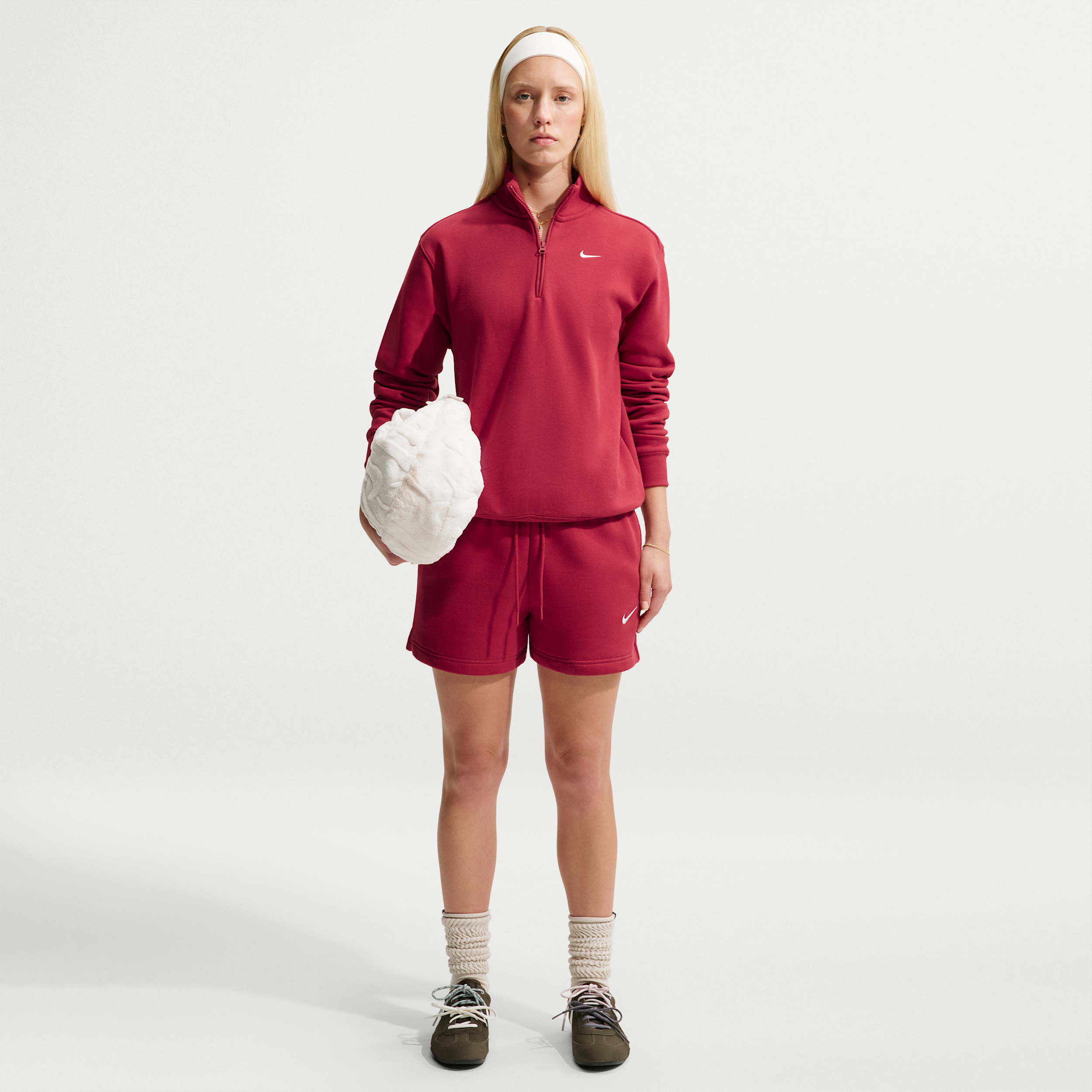 Nike Women's Studio Fleece Weight Mid-Rise Shorts in Red | IR8313-608