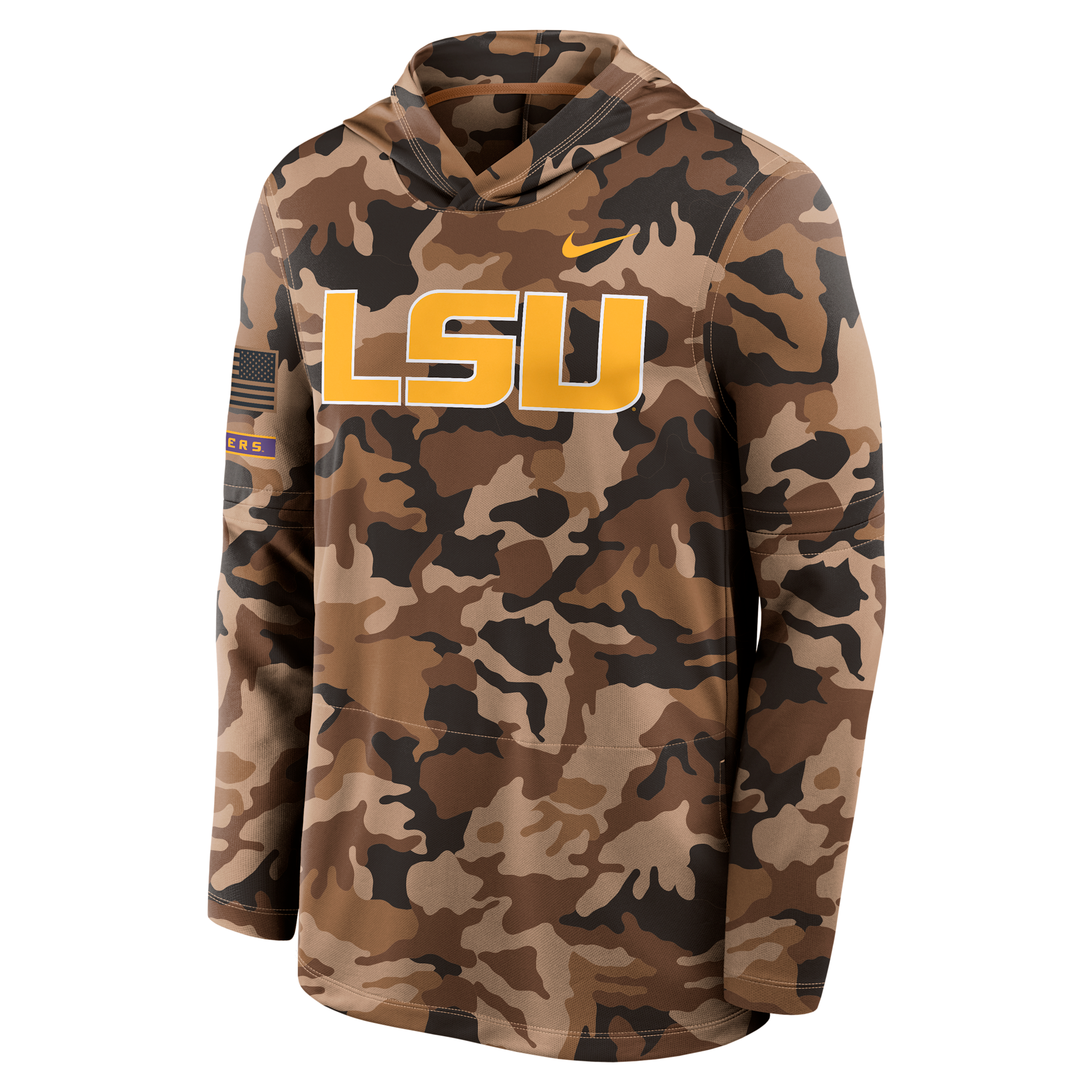 LSU 2026 Military Appreciation Nike Men's Dri-FIT College Long-Sleeve Hooded Top in Brown | 03B92EALSN-954