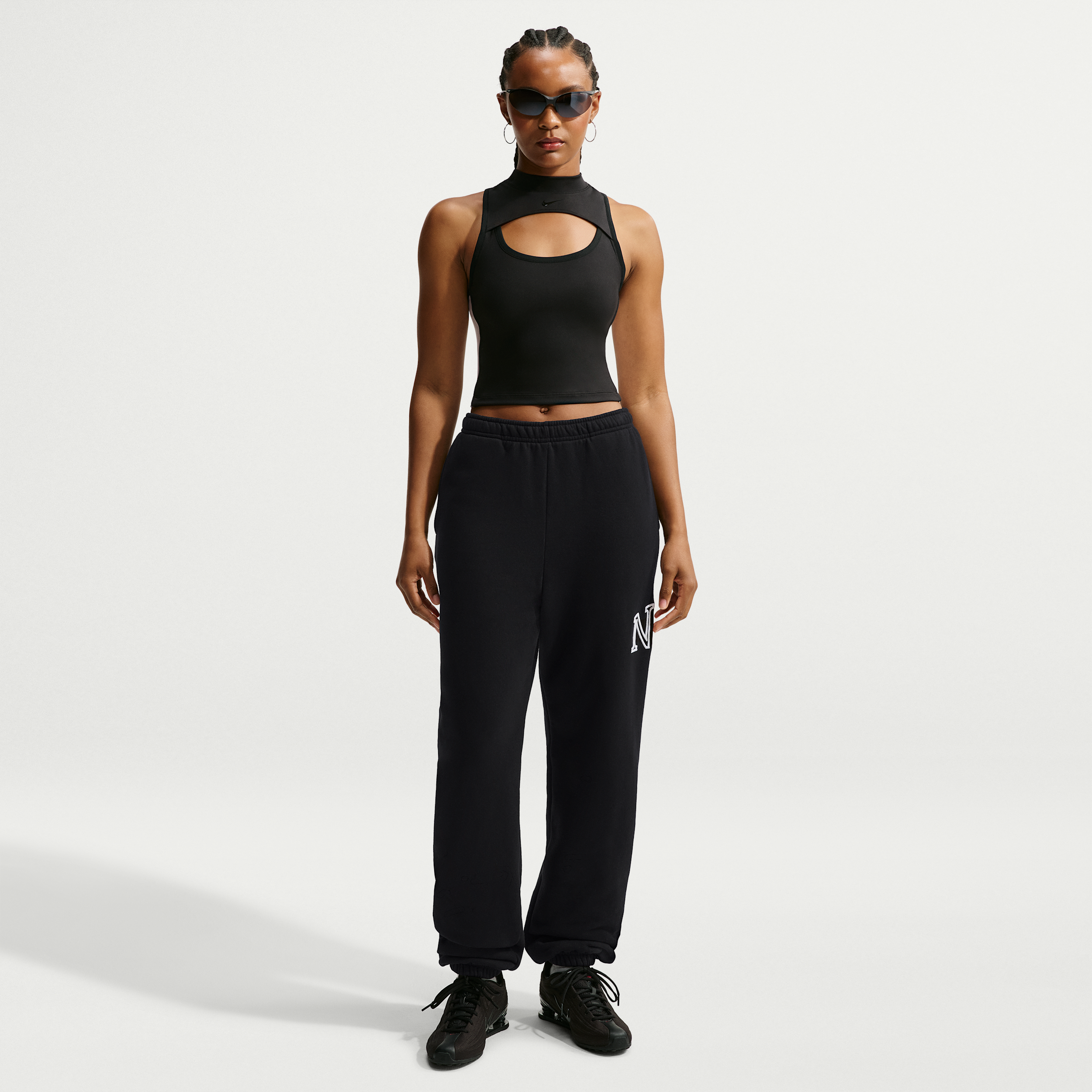 Nike Women's Studio Fleece Medium-Weight "Graphic Pack" Oversized Cuffed Logo Pants in Total Black/White Size: Large