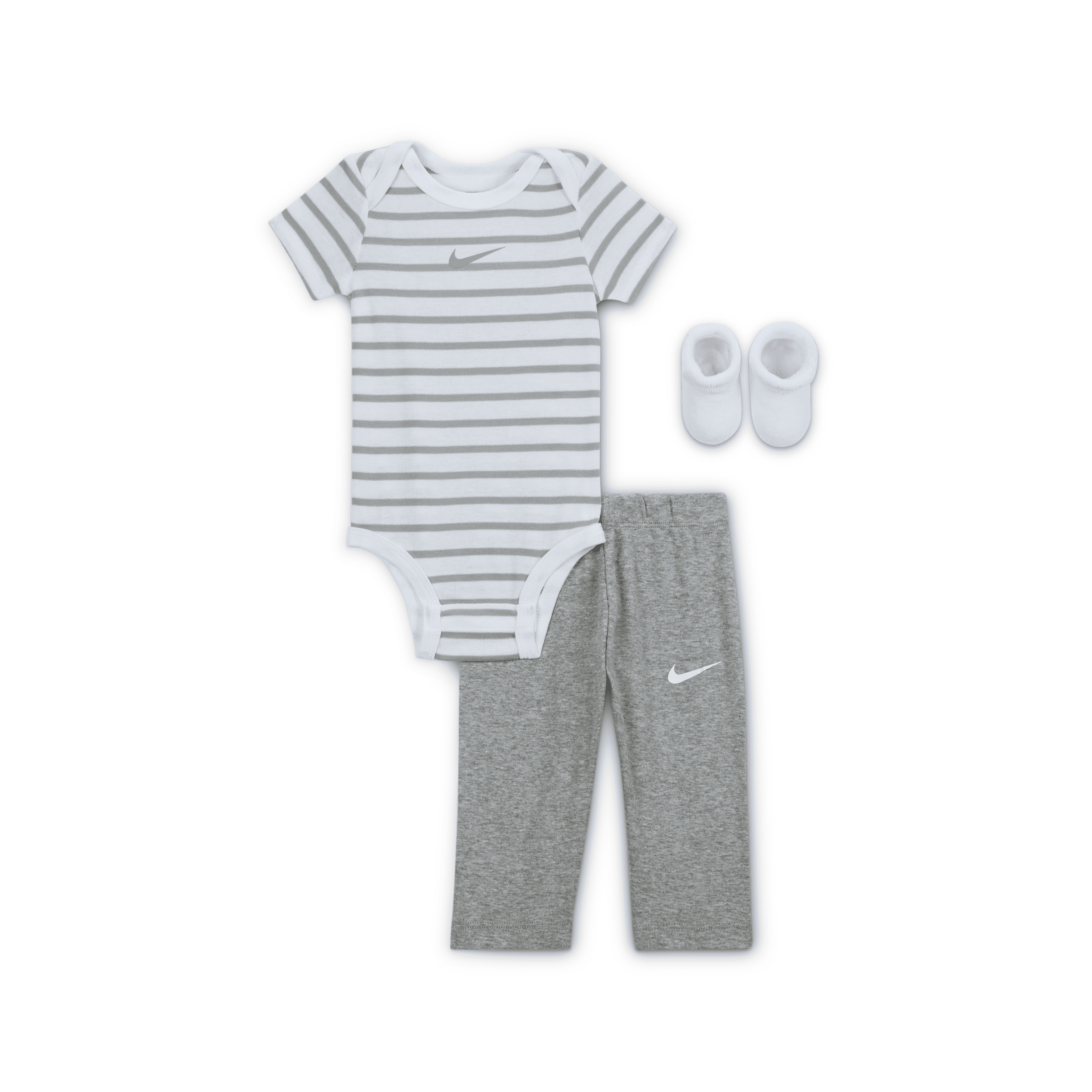 Nike Baby Bodysuit, Pants, And Terry Socks 3-piece Set In Grey