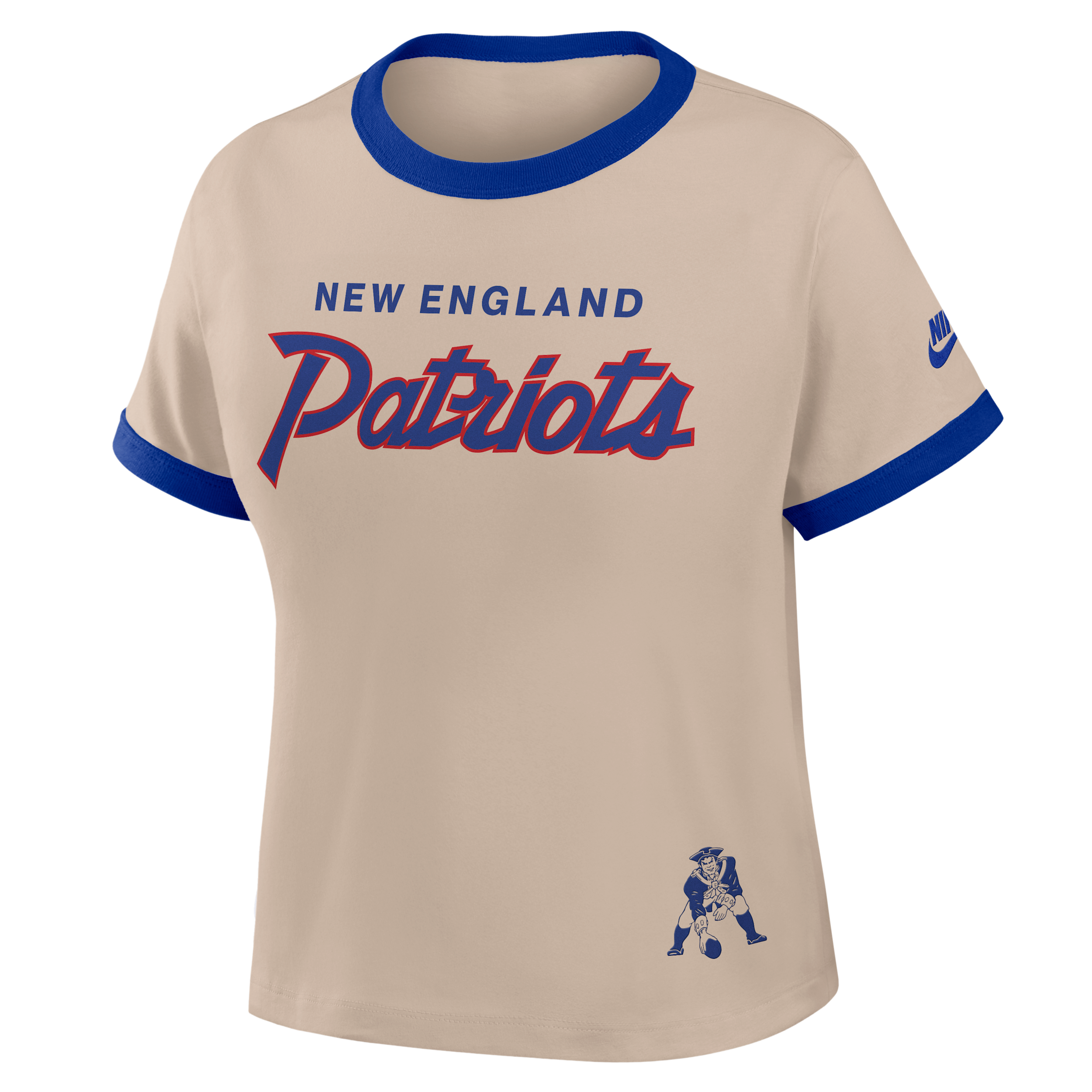 New England Patriots Rewind Ringer Mod Nike Women's NFL Cropped T-Shirt in Brown | 04N90IKZ8KV-X5Q