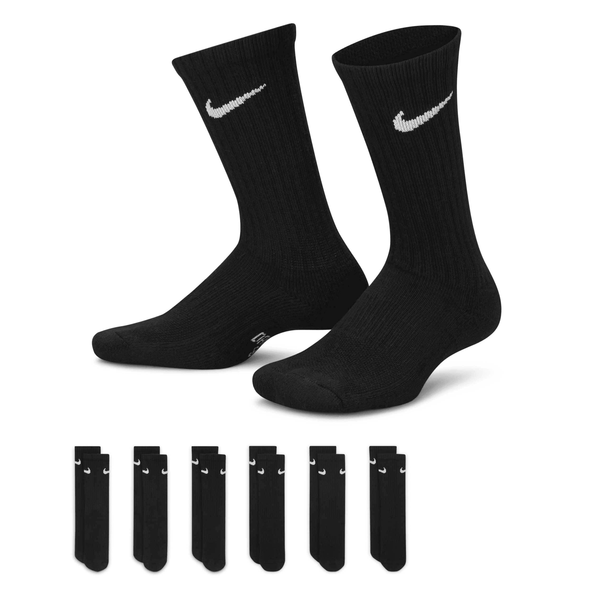 Nike Everyday Kids' Cushioned Crew Socks (6 Pairs) in Black, Size: Small | SX6910-010