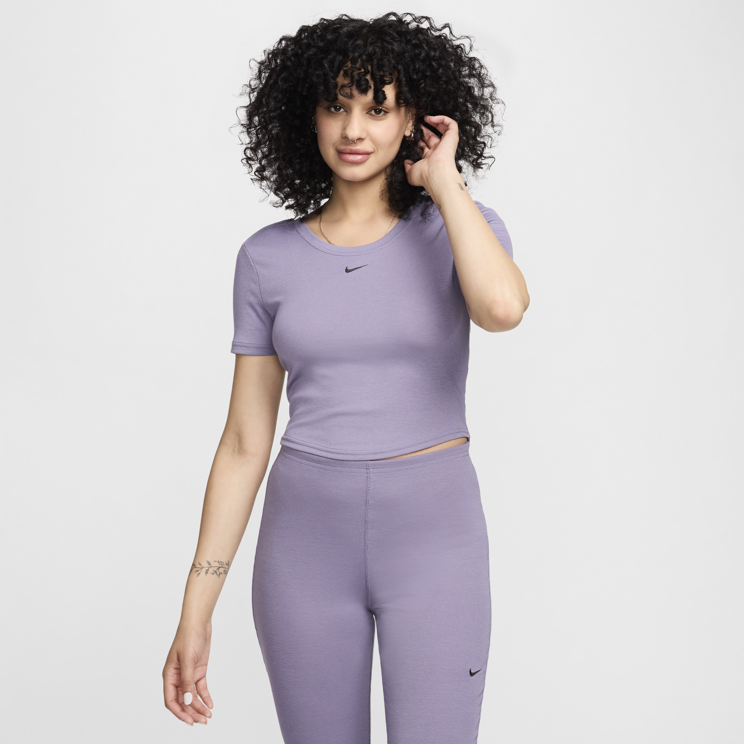 Shop Nike Women's  Sportswear Chill Knit Tight Scoop-back Short-sleeve Mini-rib Top In Purple