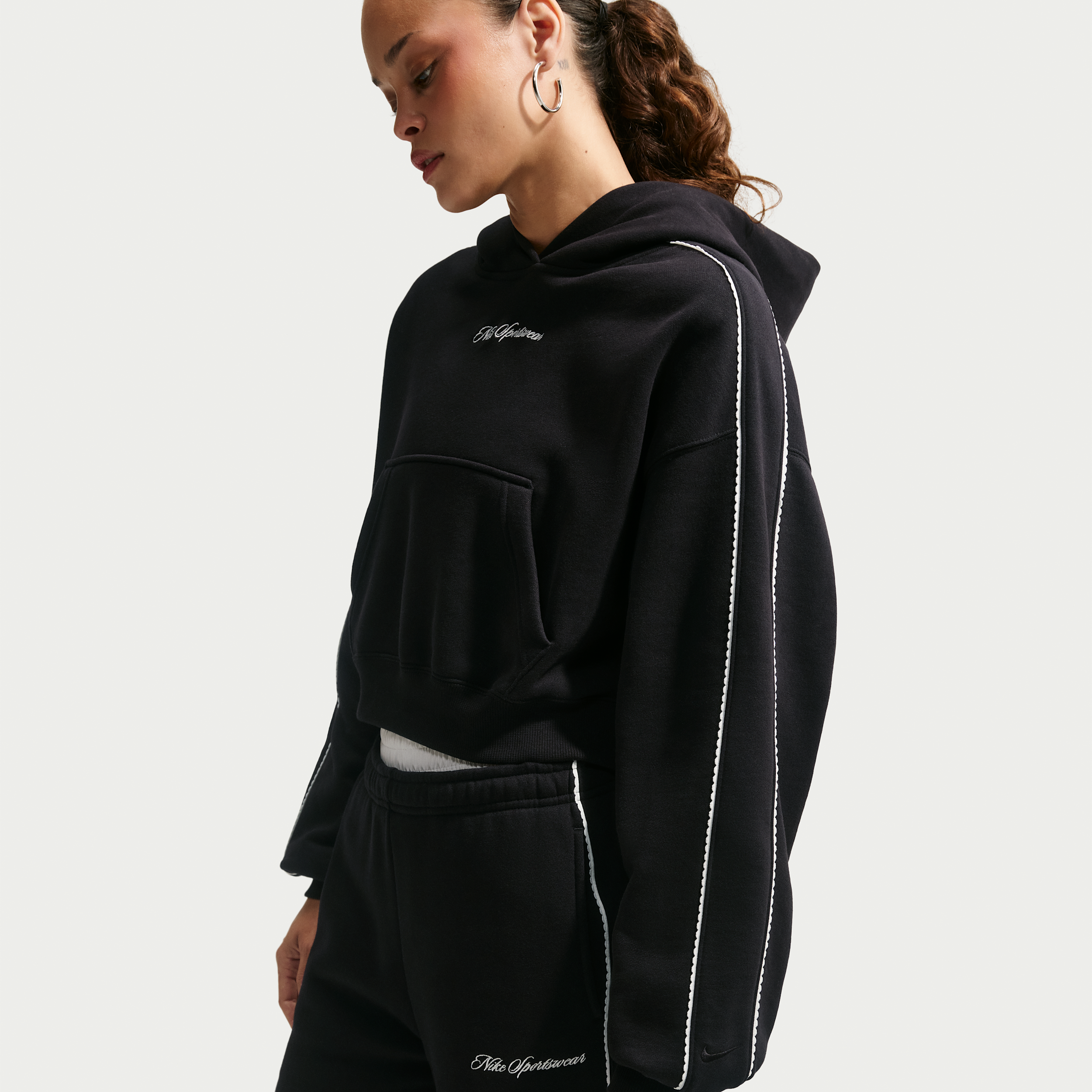 Nike Women's Studio Fleece Medium Weight "Graphic Pack" Cropped Pullover Hoodie in Black | IO9948-001