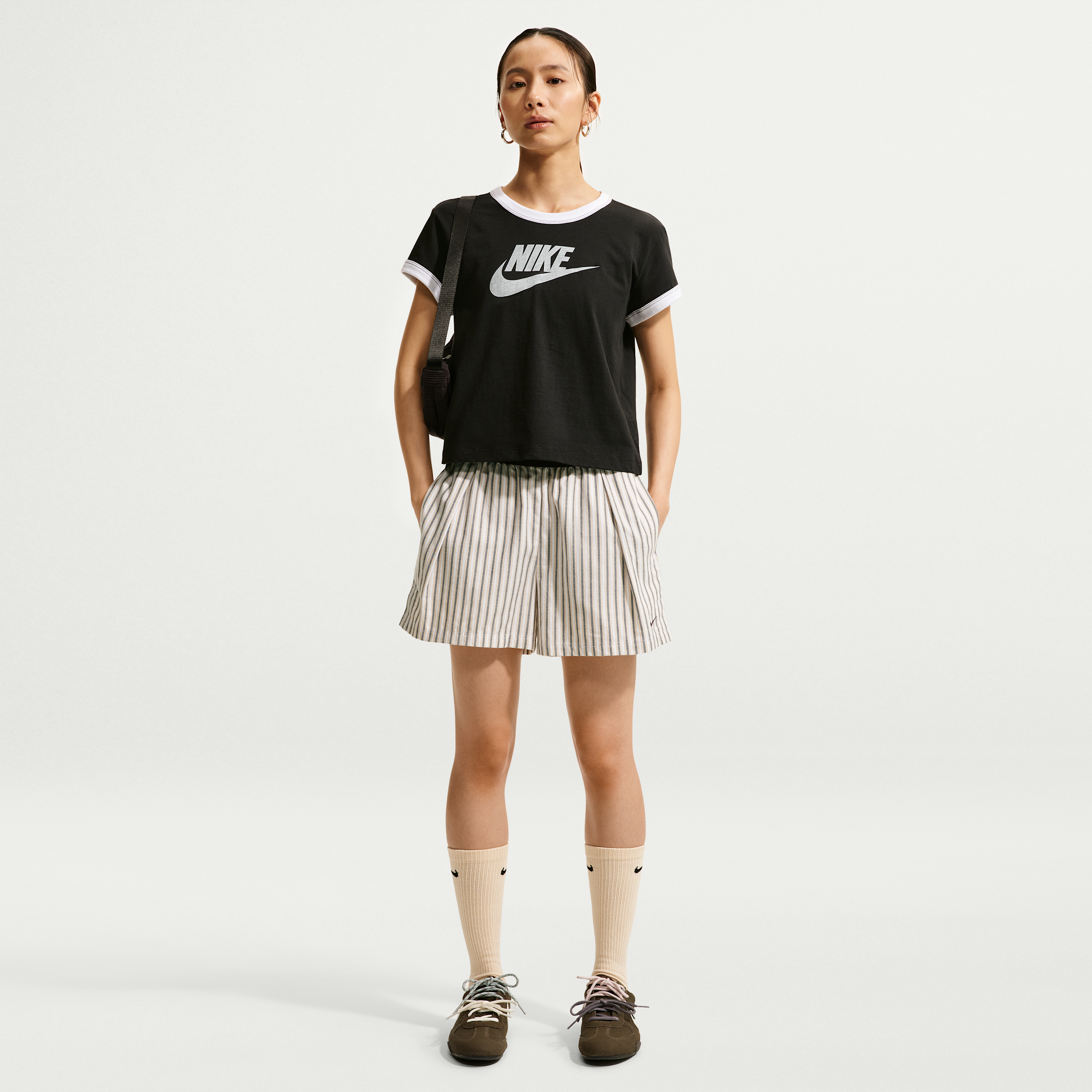 Women's Nike Sportswear Chill Poplin Loose Mid-Rise Stripe Shorts in Brown | II4230-286