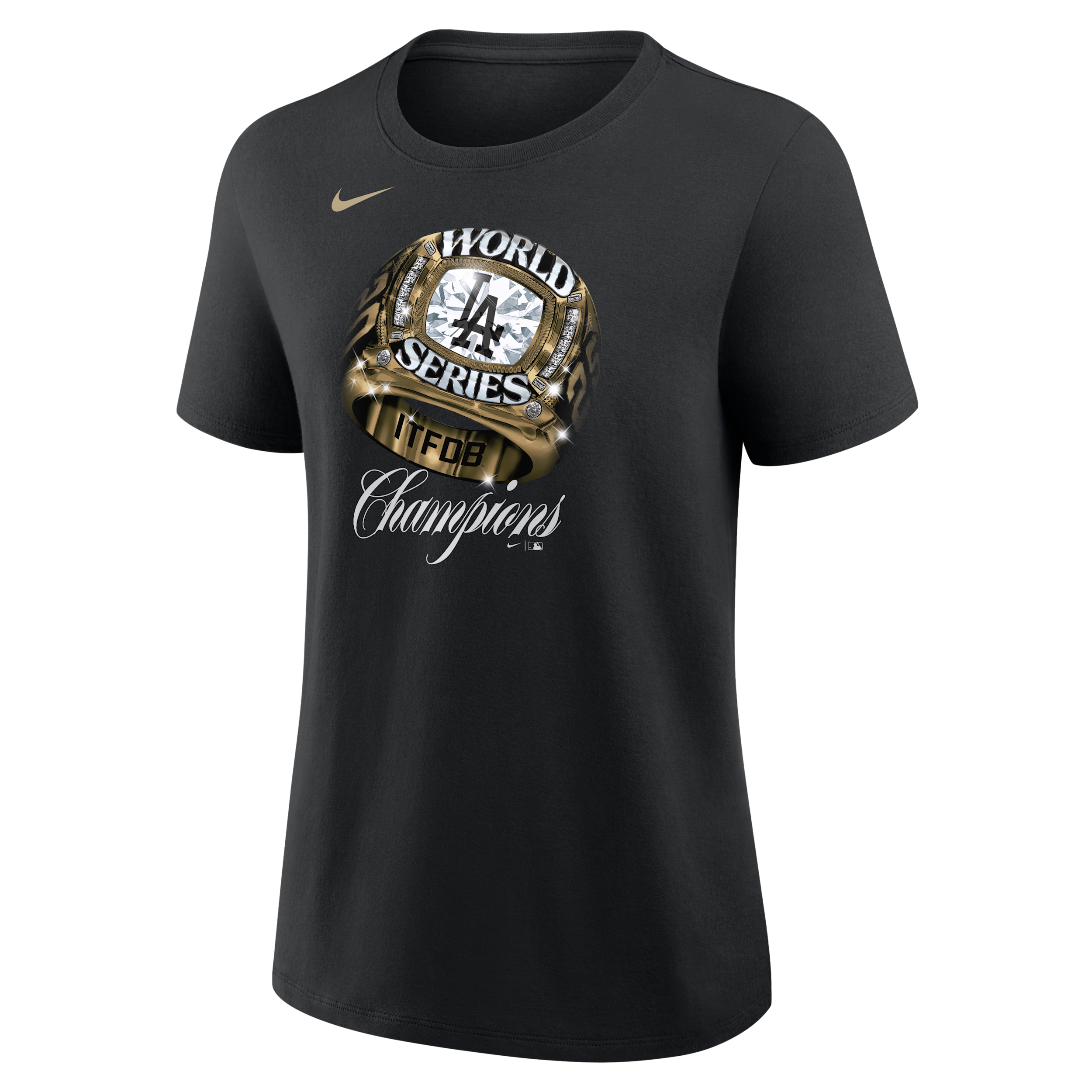 Los Angeles Dodgers 2025 World Series Champion Gold Series Nike Women's MLB T-Shirt in Black | 01K900ALD-WVF