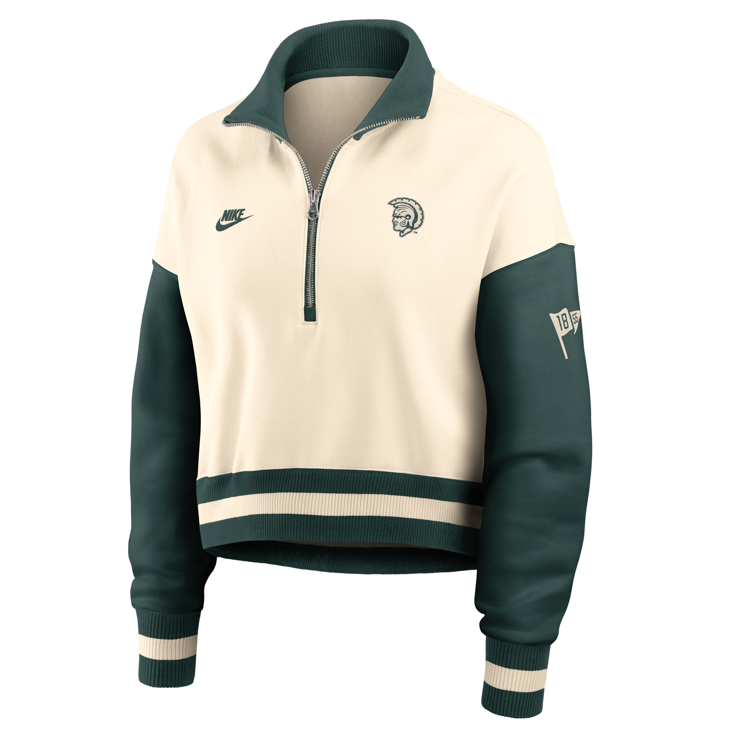 Nike Women's Natural, Green Michigan State Spartans Oversized Legacy Color Block Cropped Quarter-Zip Pullover - Natural, Green