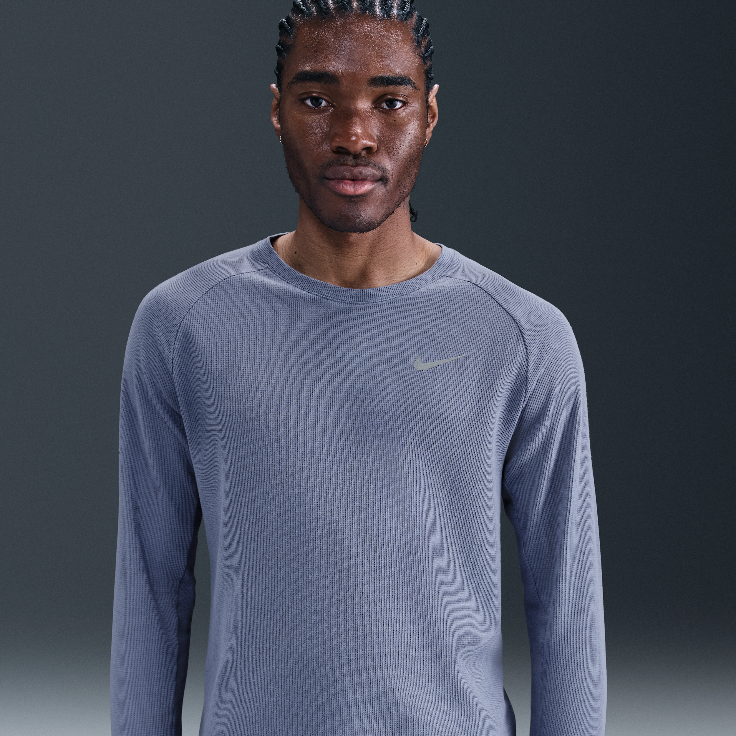 Nike Stride Dri-fit Long Sleeve Waffle Crewneck Running Short In Blue