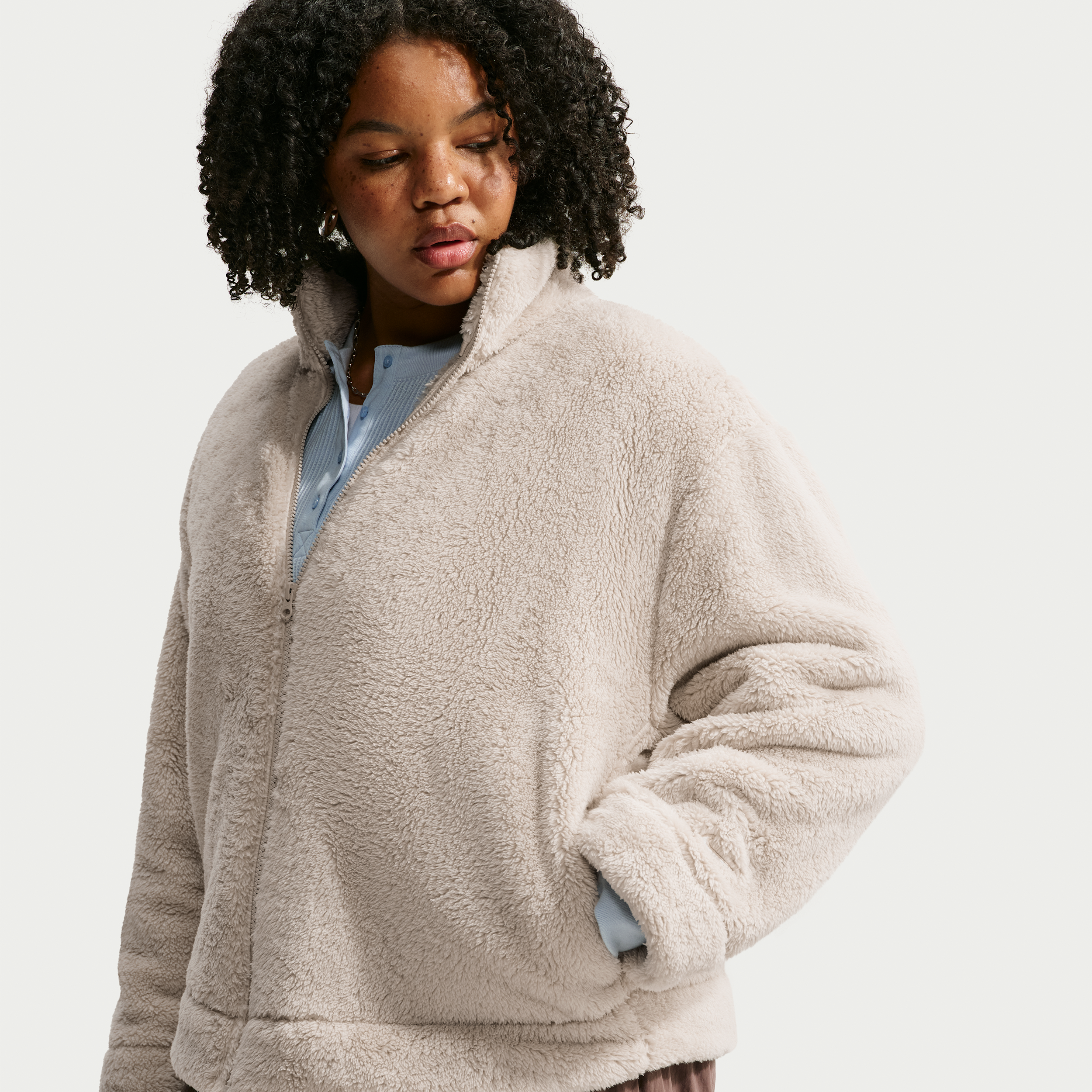 Women's Nike Sportswear Essential High-Pile Fleece Jacket (Plus Size) in Brown | HV2817-236