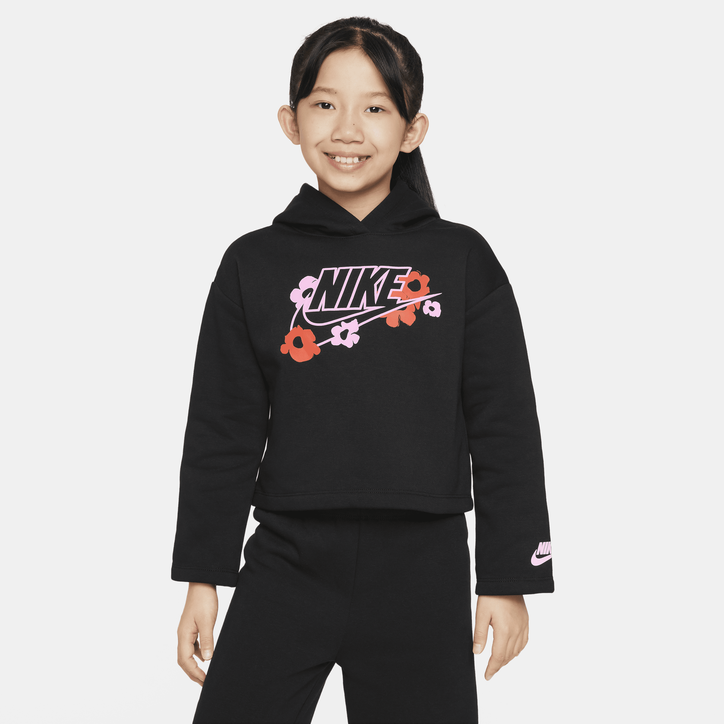Nike Floral Fleece Little Kids' Graphic Hoodie In Black