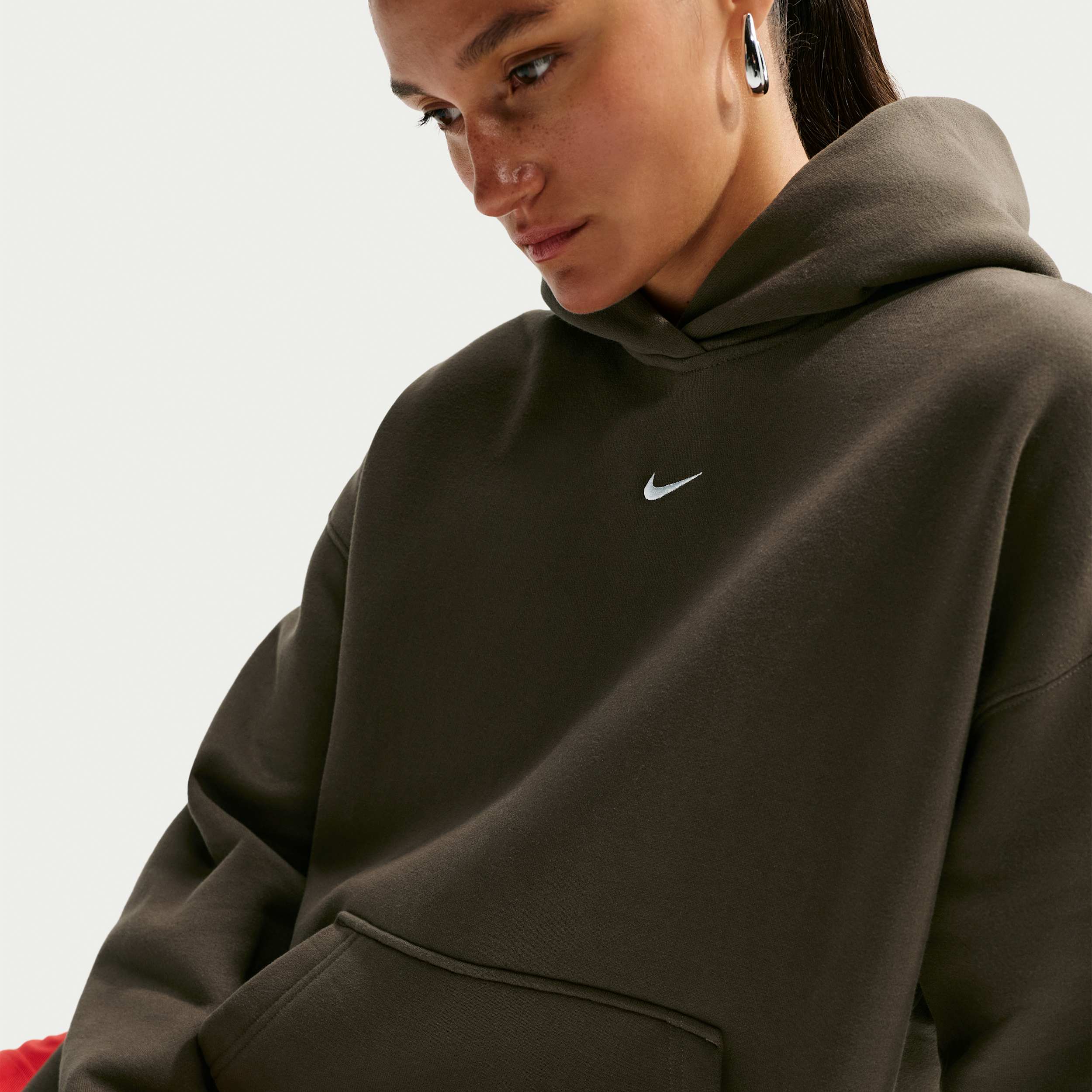 Nike Women's Studio Fleece Medium-Weight Oversized Pullover Hoodie in Dark Hazel/Sail Size: Large