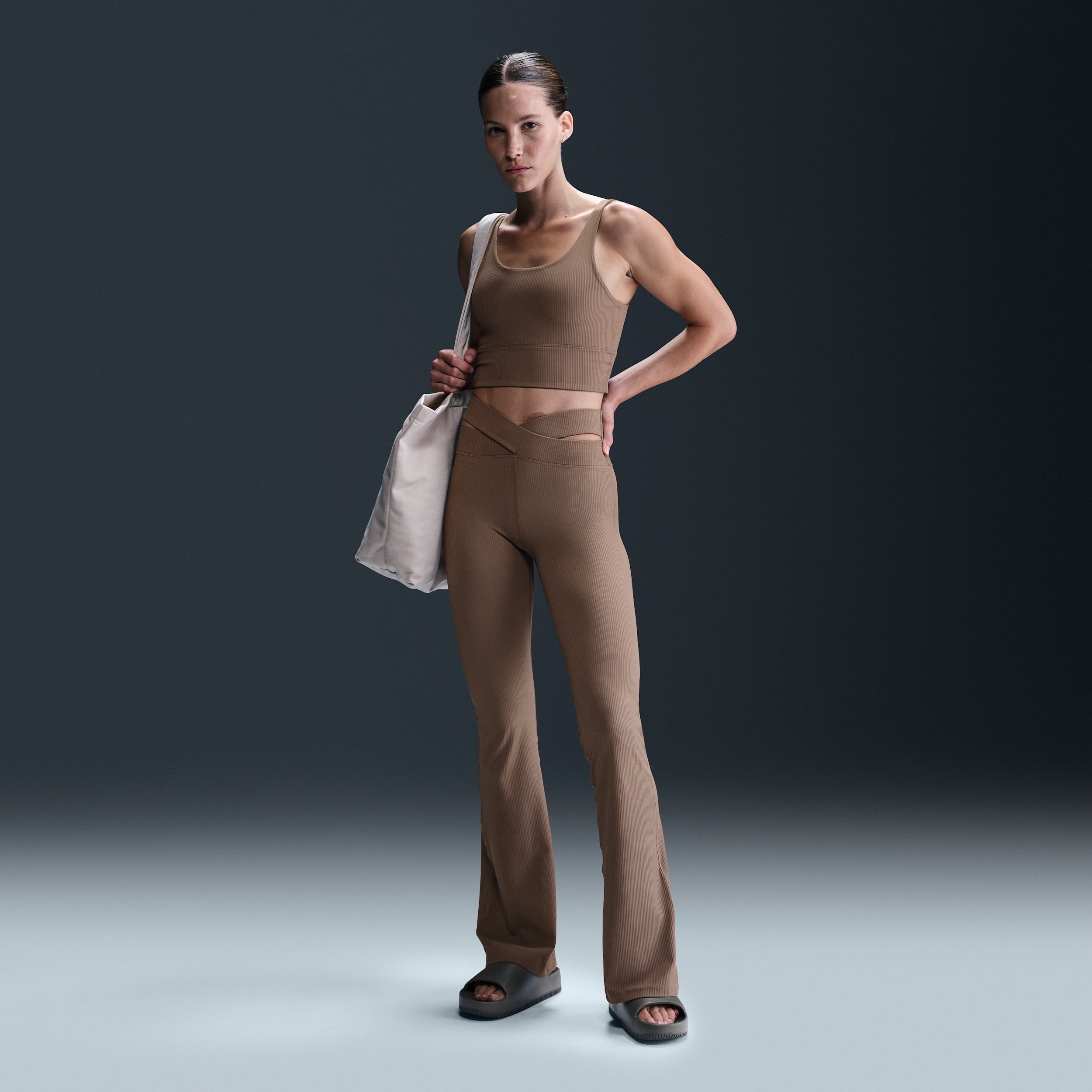 Nike Zenvy Dri-fit Cutout High Waist Flare Rib Leggings In Brown