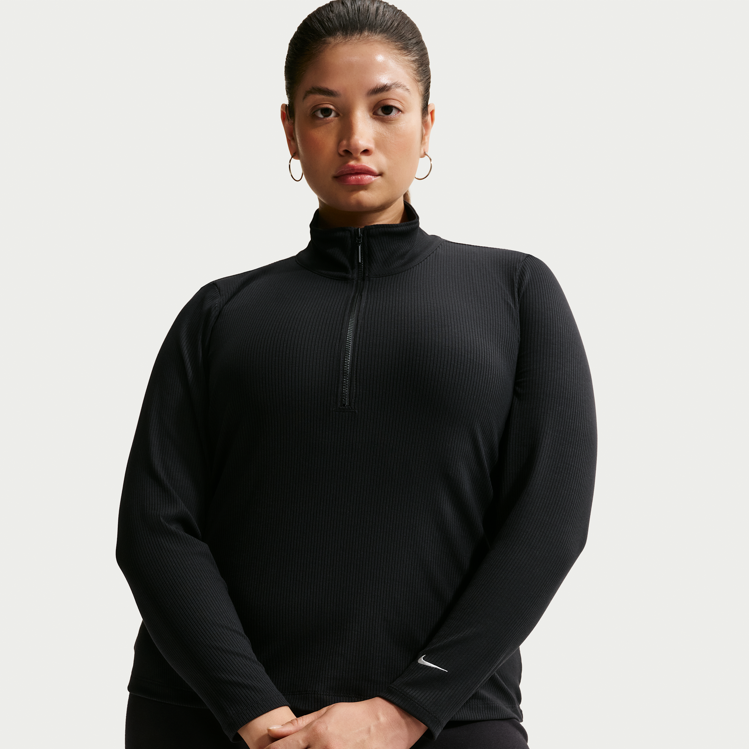 Women's Nike Sportswear Chill Knit Tight Quarter-Zip Long-Sleeve Ribbed Top (Plus Size) in Black | IO6967-010