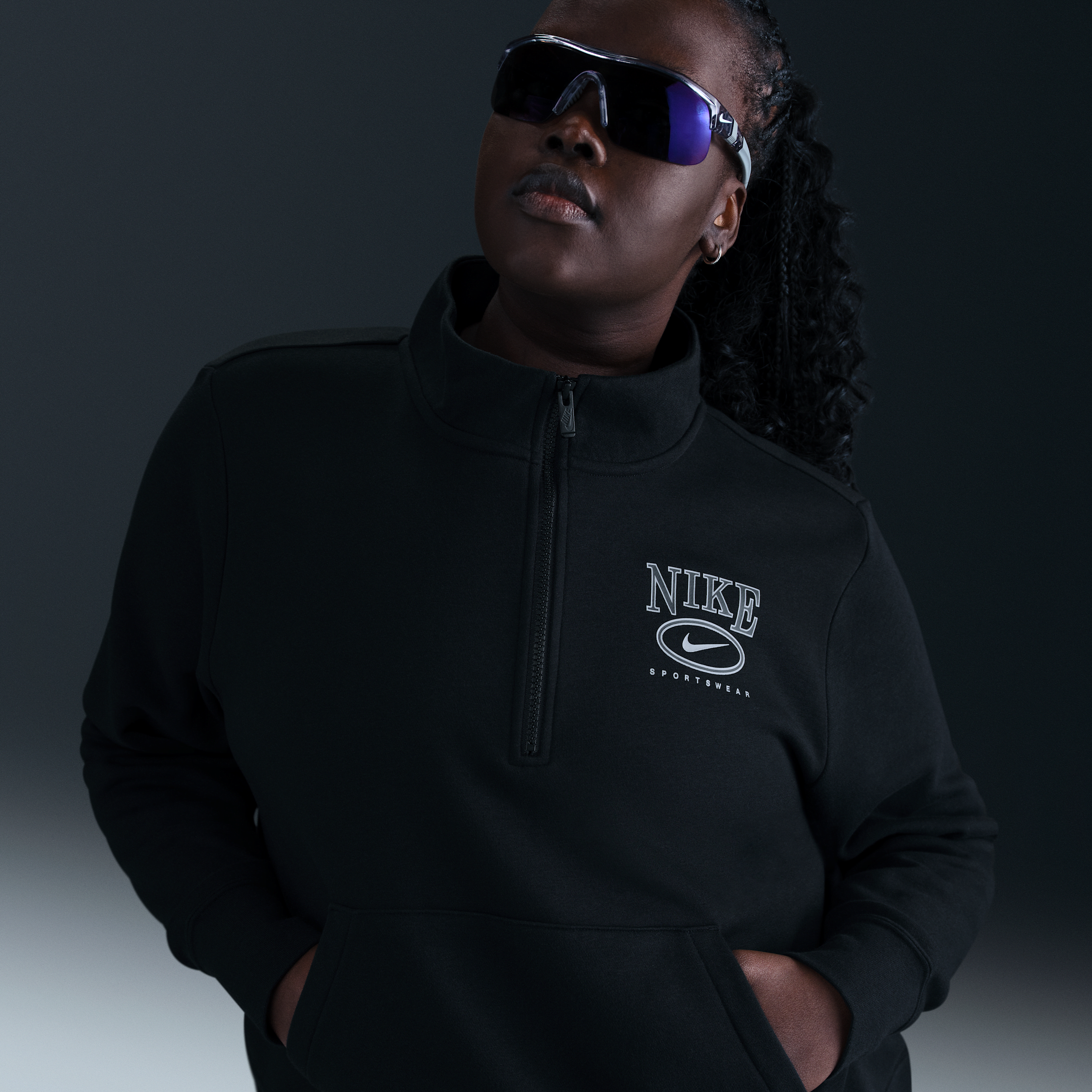 Nike Women's Sportswear Club Fleece Mock-neck 1/2-zip Graphic Top (plus Size) In Black