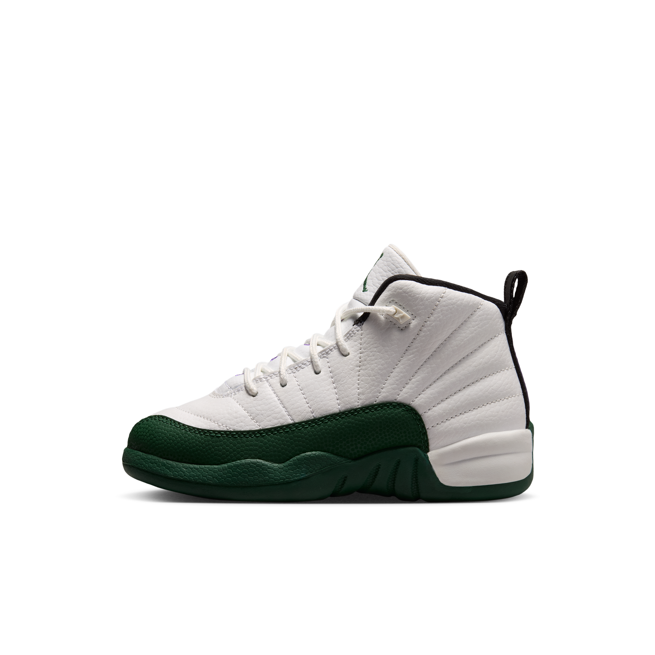 Jordan Little Kids Air Retro 12 Basketball Shoes in Summit White/Fierce Purple/Gorge Green Size: 2.5