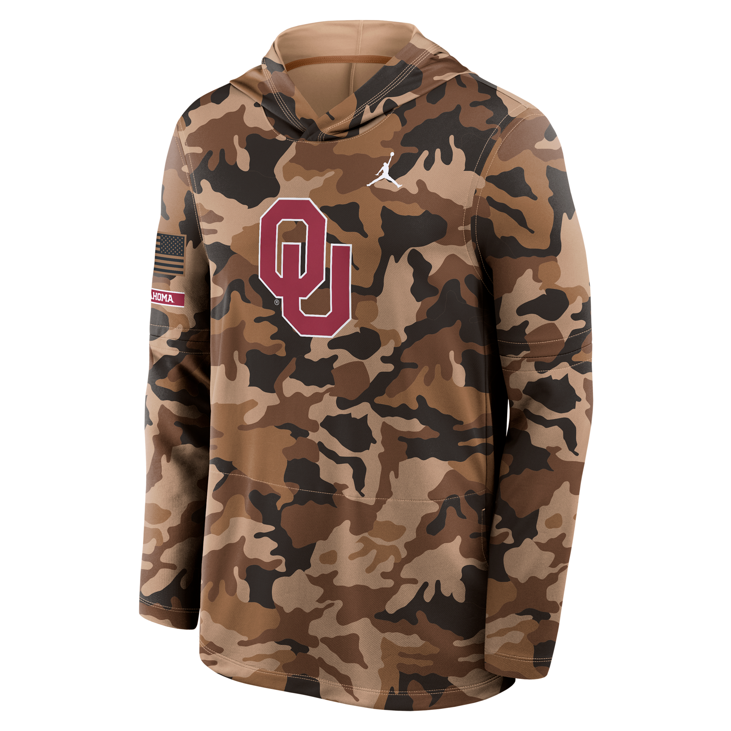 Men's Oklahoma 2026 Military Appreciation Jordan Brand Dri-FIT College Long-Sleeve Hooded Top in Brown | 0JB92EAOKN-954