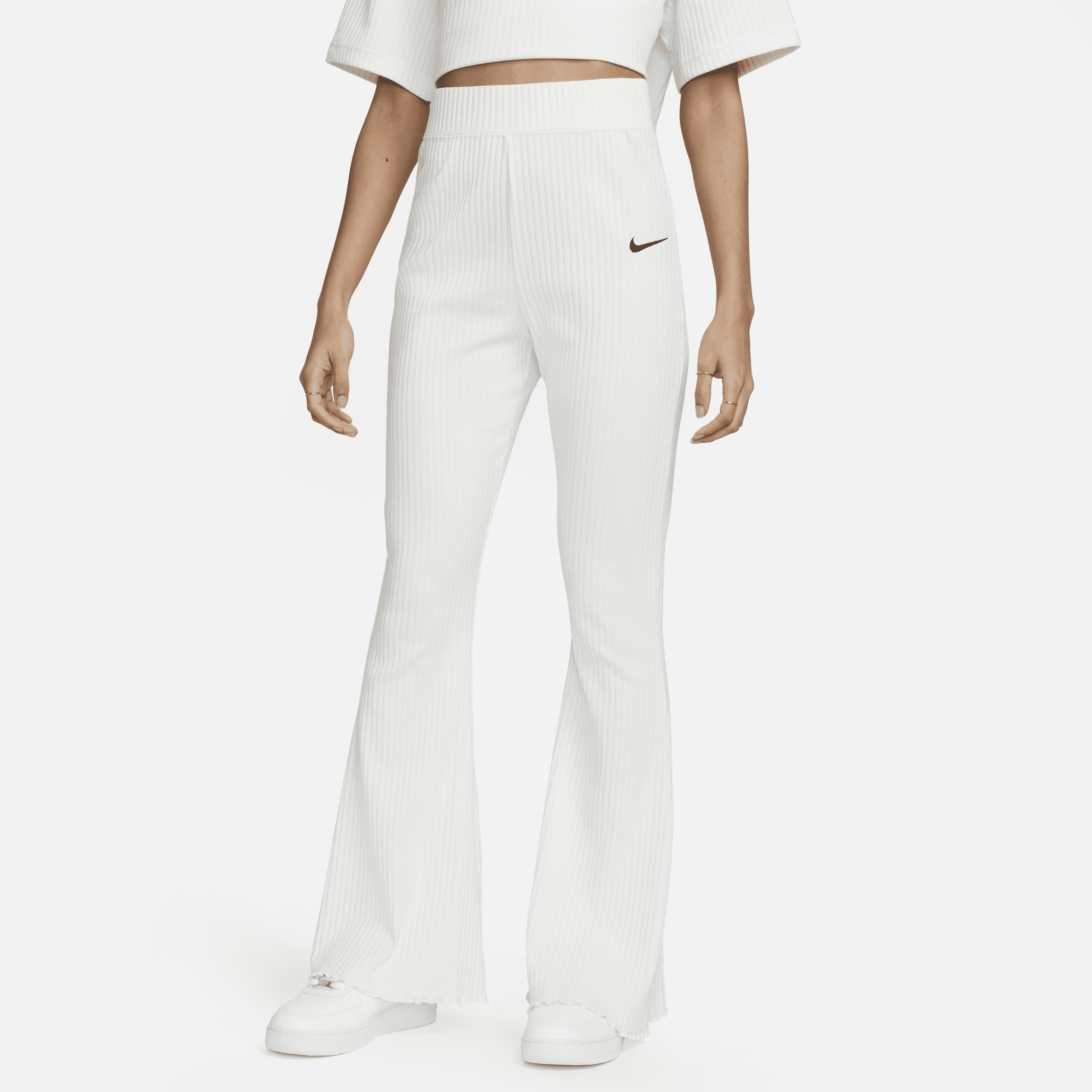 Shop Nike Women's  Sportswear High-waisted Ribbed Jersey Flared Pants In White