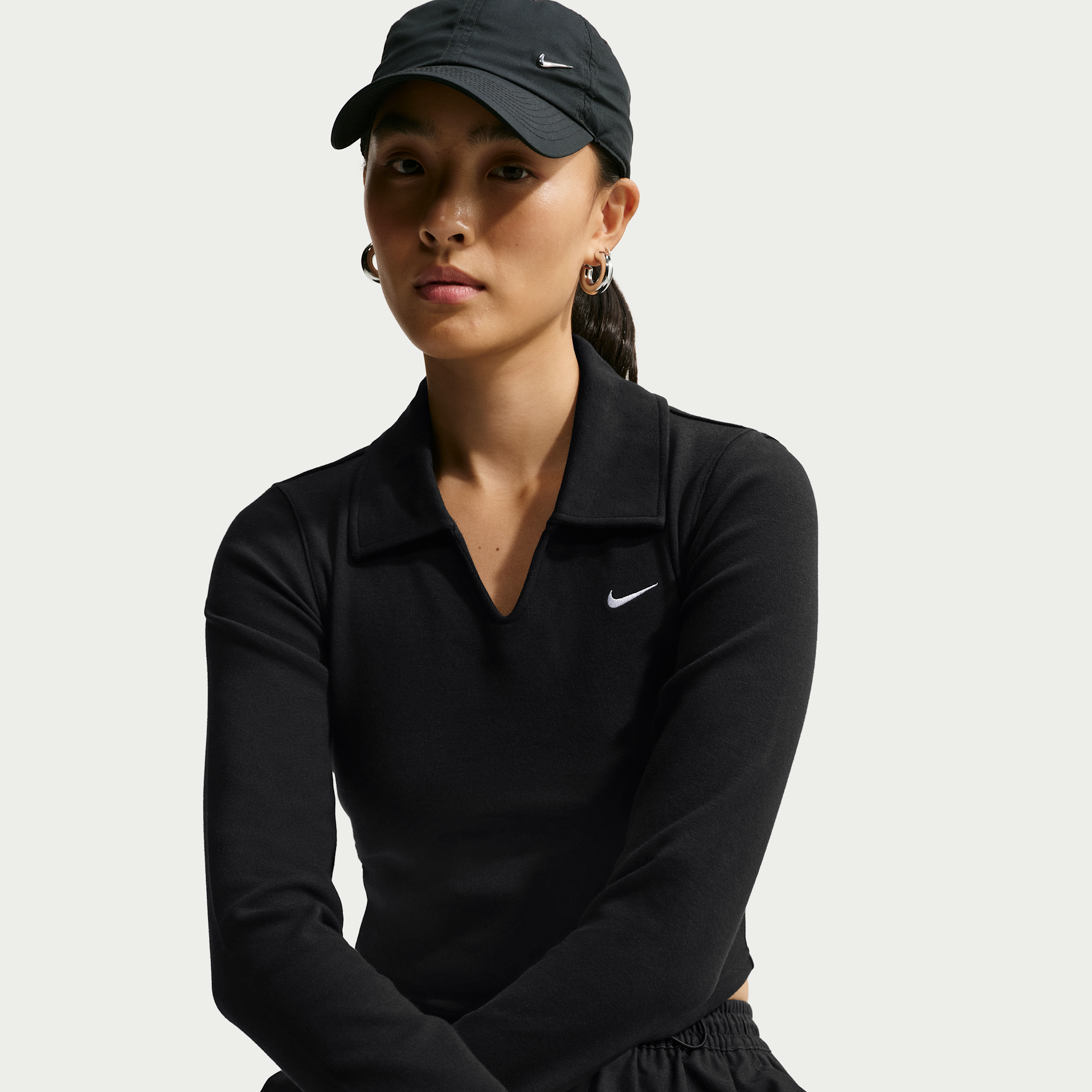 Women's Nike Sportswear Tight Long-Sleeve Cropped Polo in Black | IU0732-010