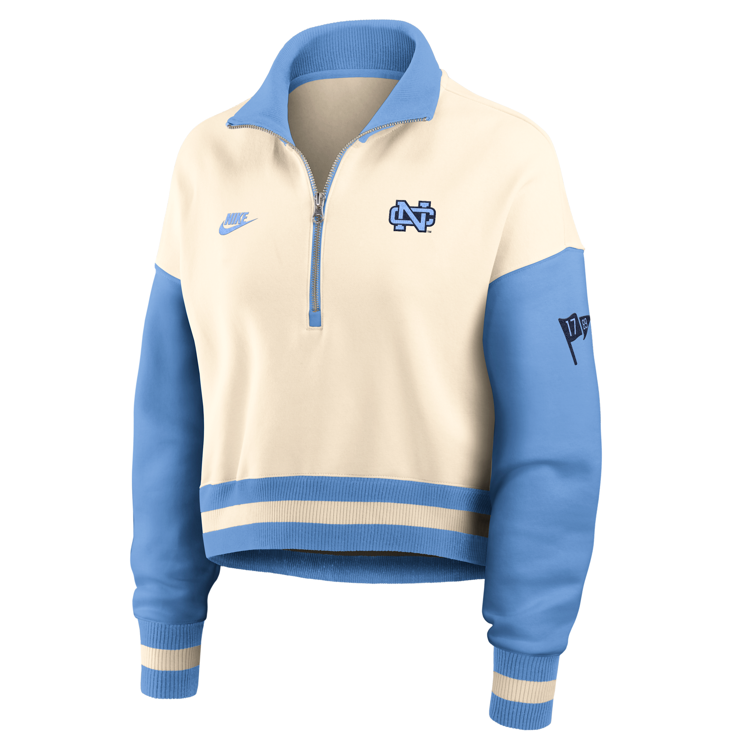 Nike Women's Natural/Carolina Blue North Carolina Tar Heels Oversized Legacy Color Block Cropped Quarter-Zip Pullover Sweatshirt - Natural, Carolina B