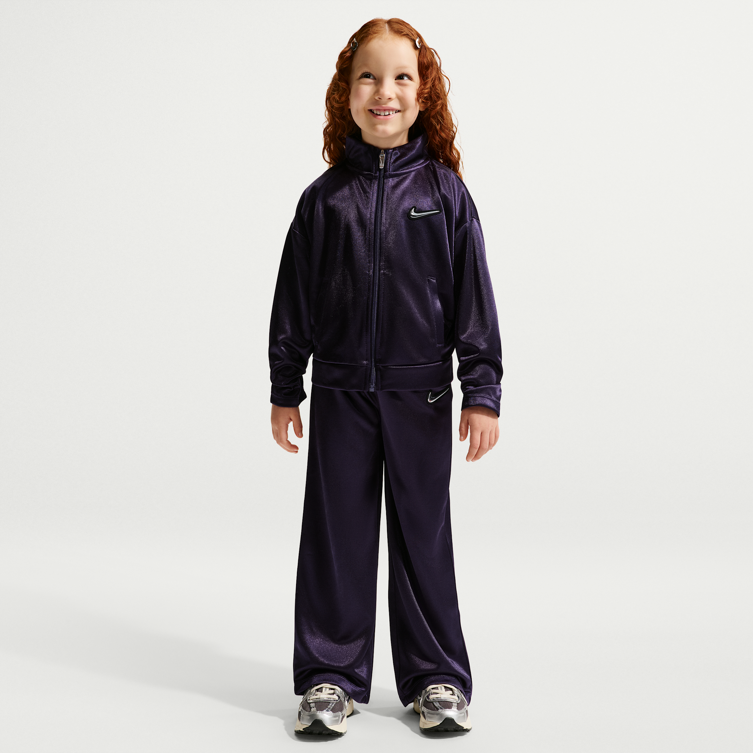 Nike Girls' 4-16 Swoosh Sparkle Zip-Front Track Long-Sleeve Jacket and Pants, 2-Piece Set - Purple Dynasty