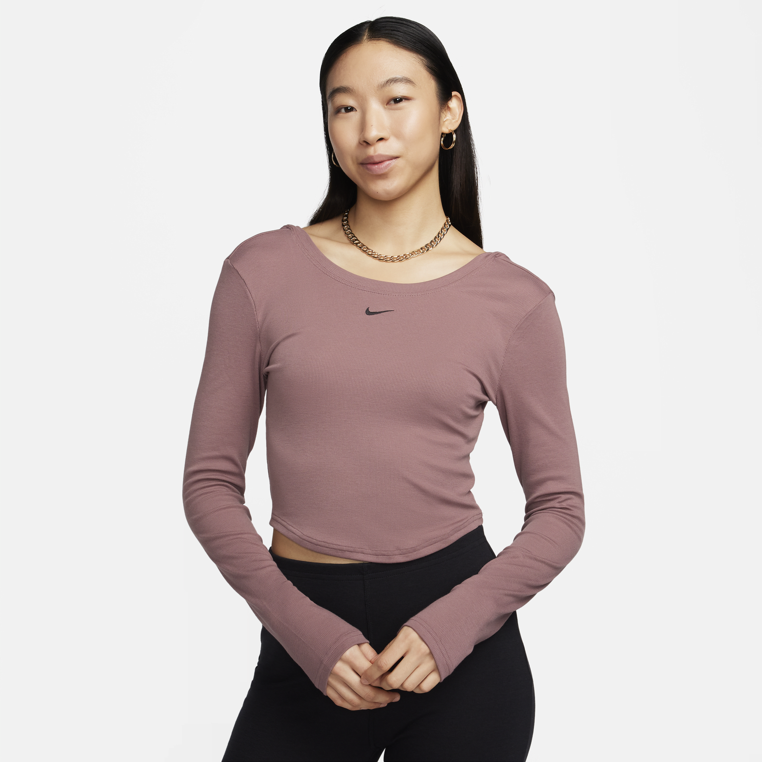 Shop Nike Women's  Sportswear Chill Knit Tight Scoop-back Long-sleeve Mini-rib Top In Purple