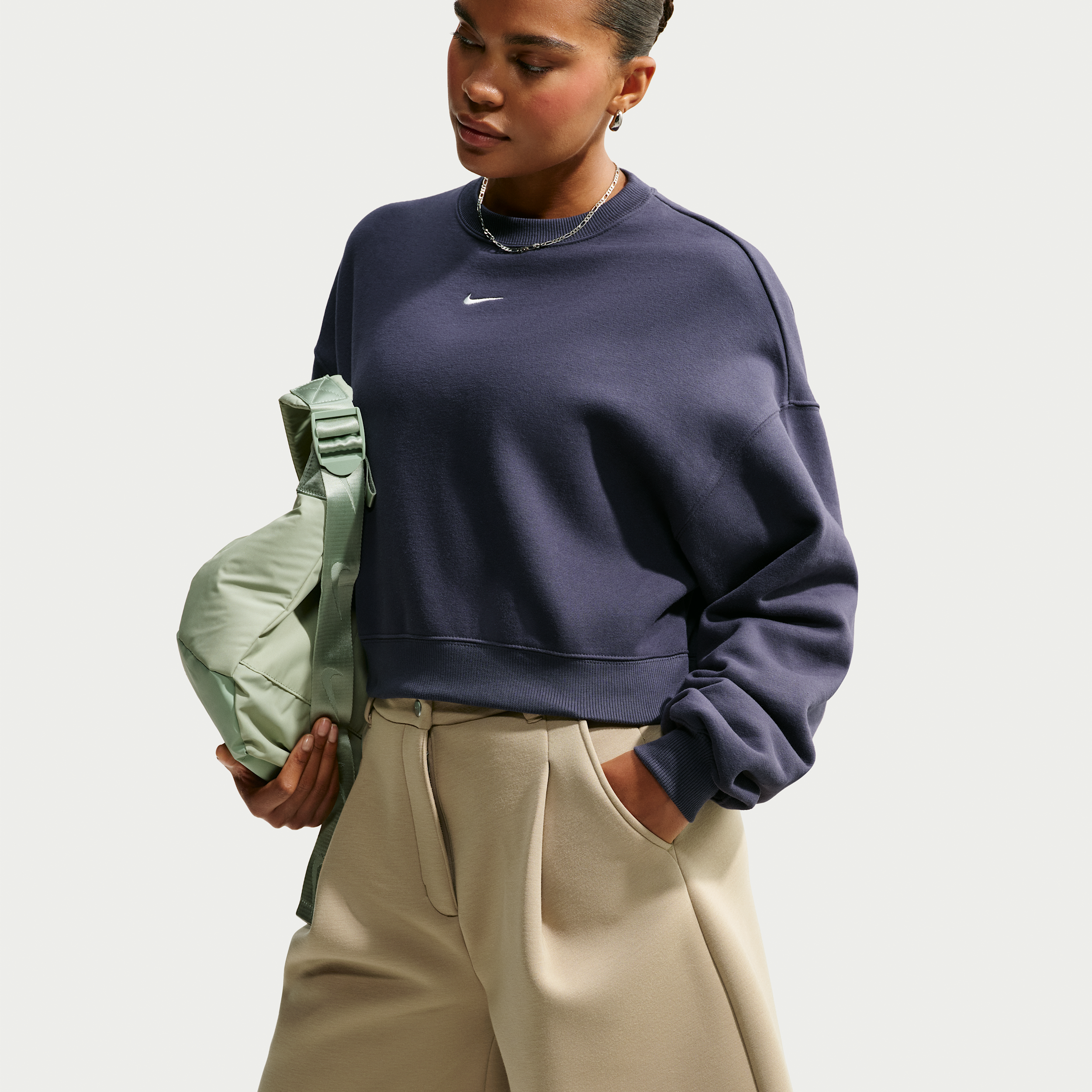 Nike Women's Studio Fleece Medium Weight Oversized Cropped Crew in Grey | IM8497-013