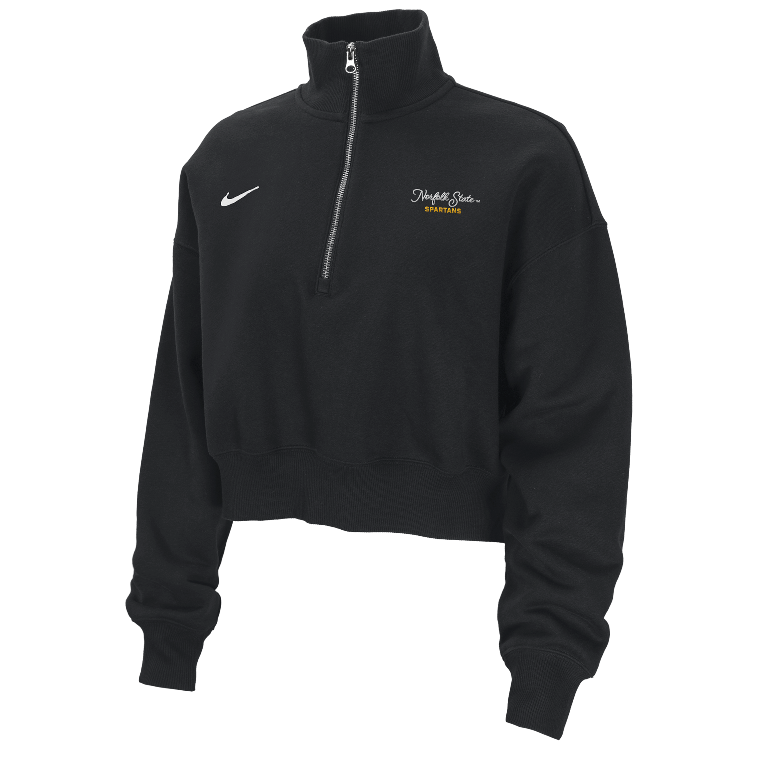 Nike Women's College Phoenix Fleece (Norfolk State University) Cropped 1/4-Zip Pullover in Black | ZW34590NSUN25-BLK