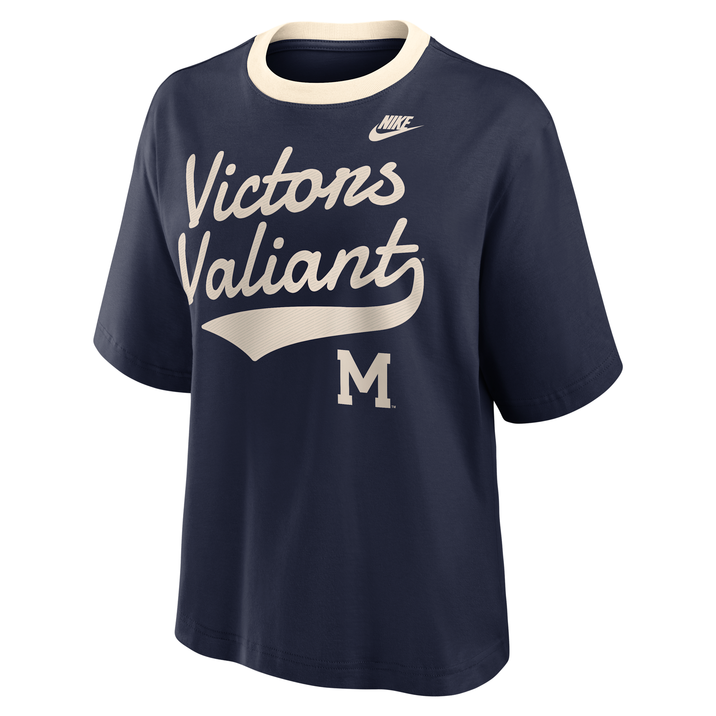 Nike Women's Michigan Wolverines Legacy Fight Song Boxy Crewneck Short-Sleeve T-Shirt - Navy, Natural