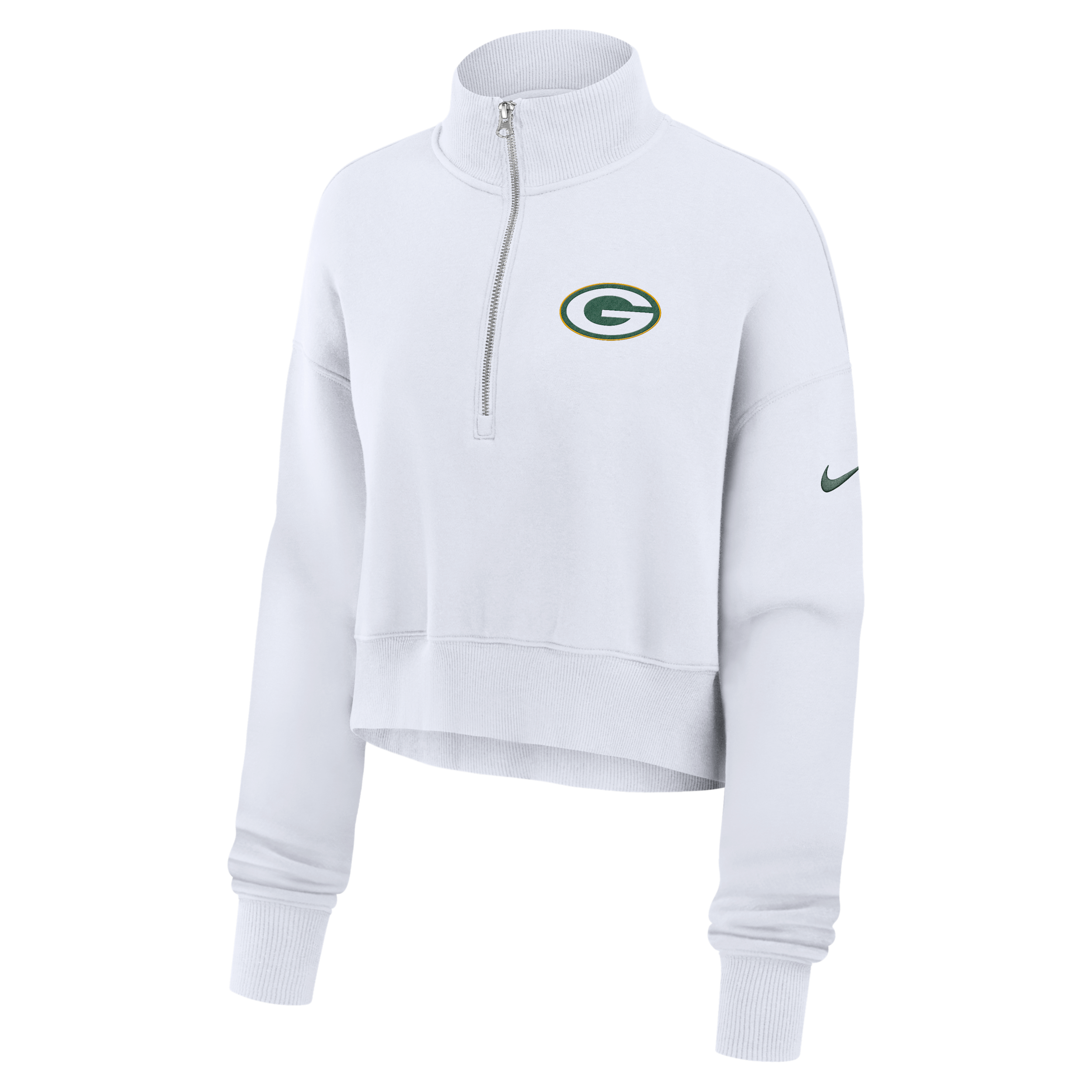 Green Bay Packers Primetime Phoenix Nike Women's NFL Oversized Cropped 1/4-Zip Crew in White | 01N910A7T-LCD