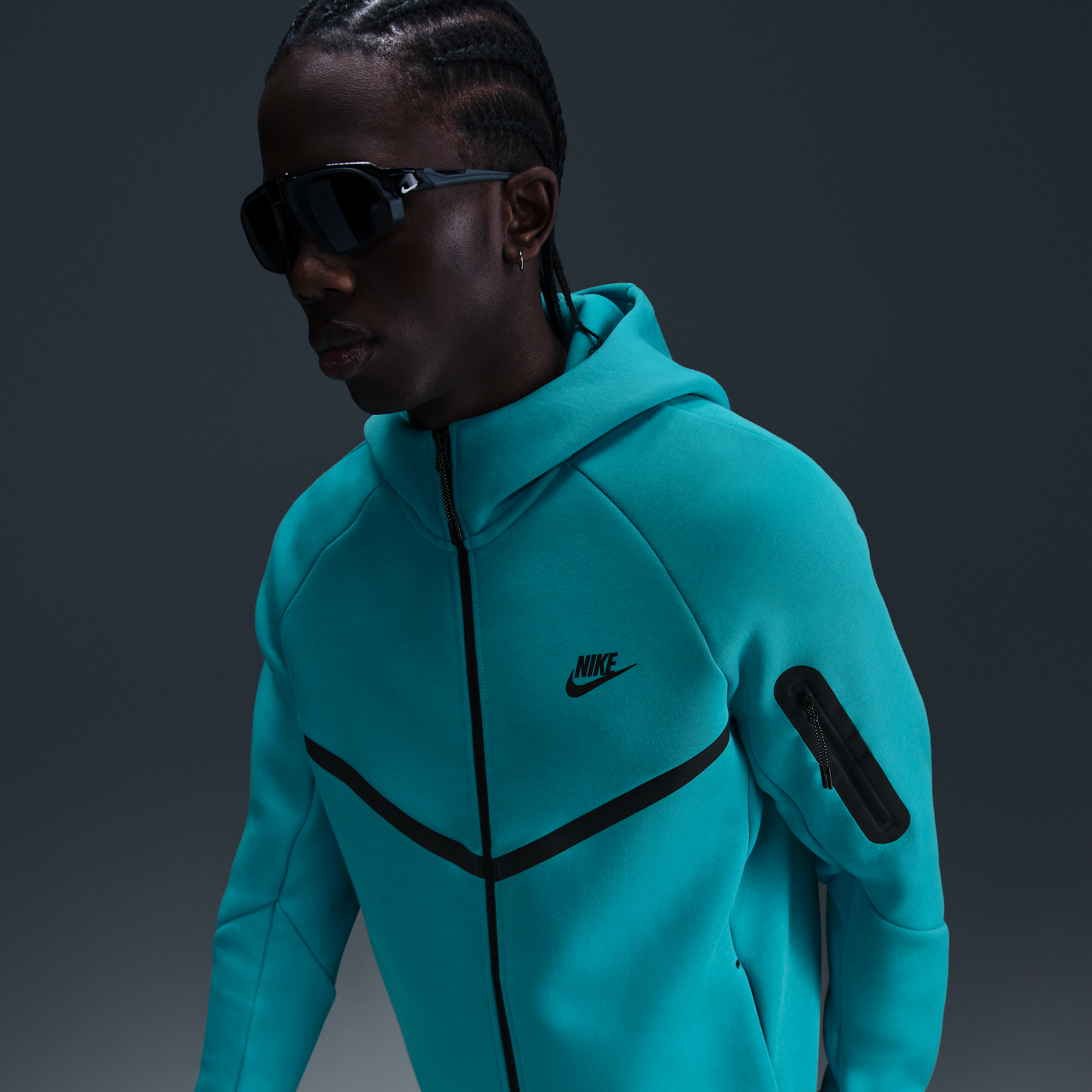 Nike Lightweight Sweatshirt With Zip Hood For Men Sportswear Tech Fleece Hoodie Washed Teal/black/black In Green