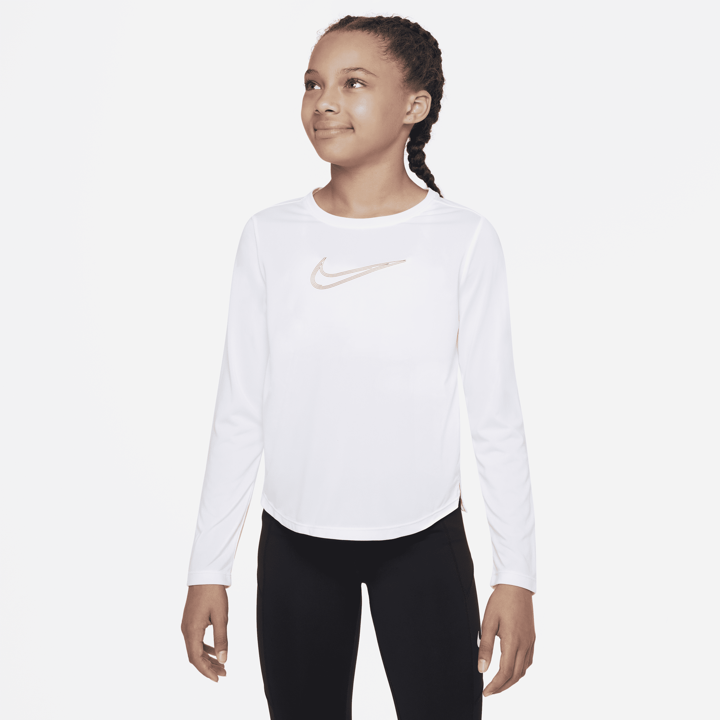 Nike Dri-fit One Big Kids' (girls') Graphic Long-sleeve Training Top In White