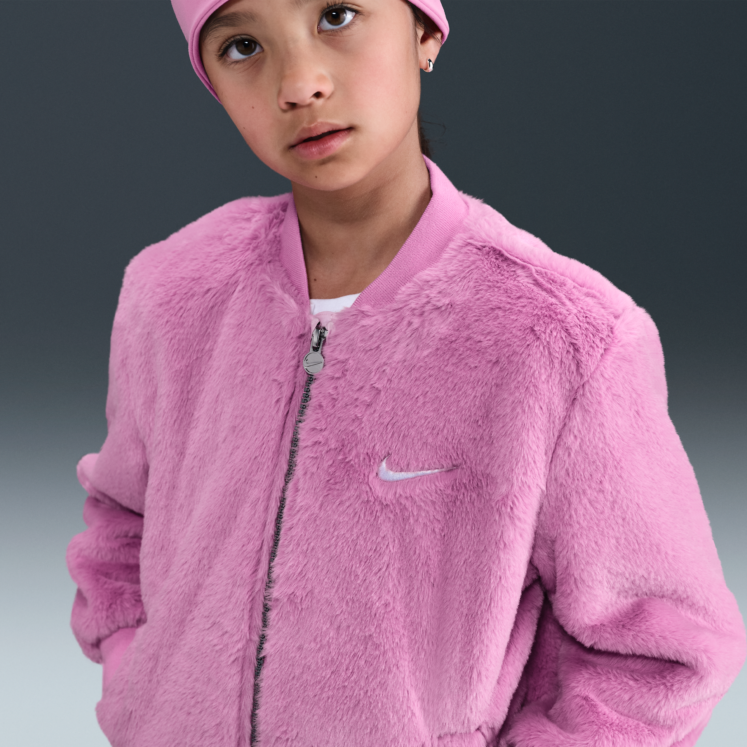 Nike Little Kids' Faux Fur Bomber Jacket In Pink