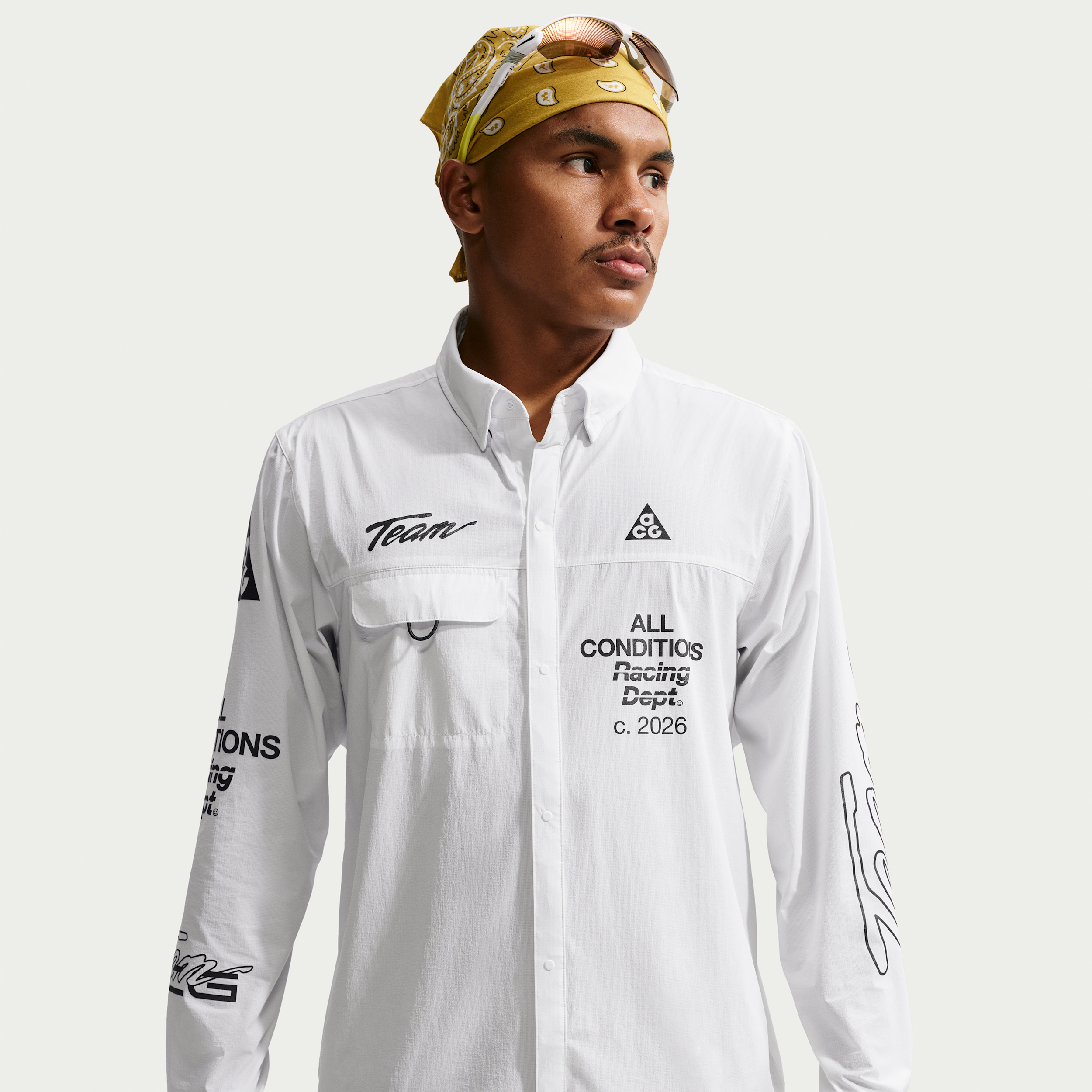 Men's Nike ACG Aireez UV Protection Button-Up Long-Sleeve Graphic Top in White | IU8150-100