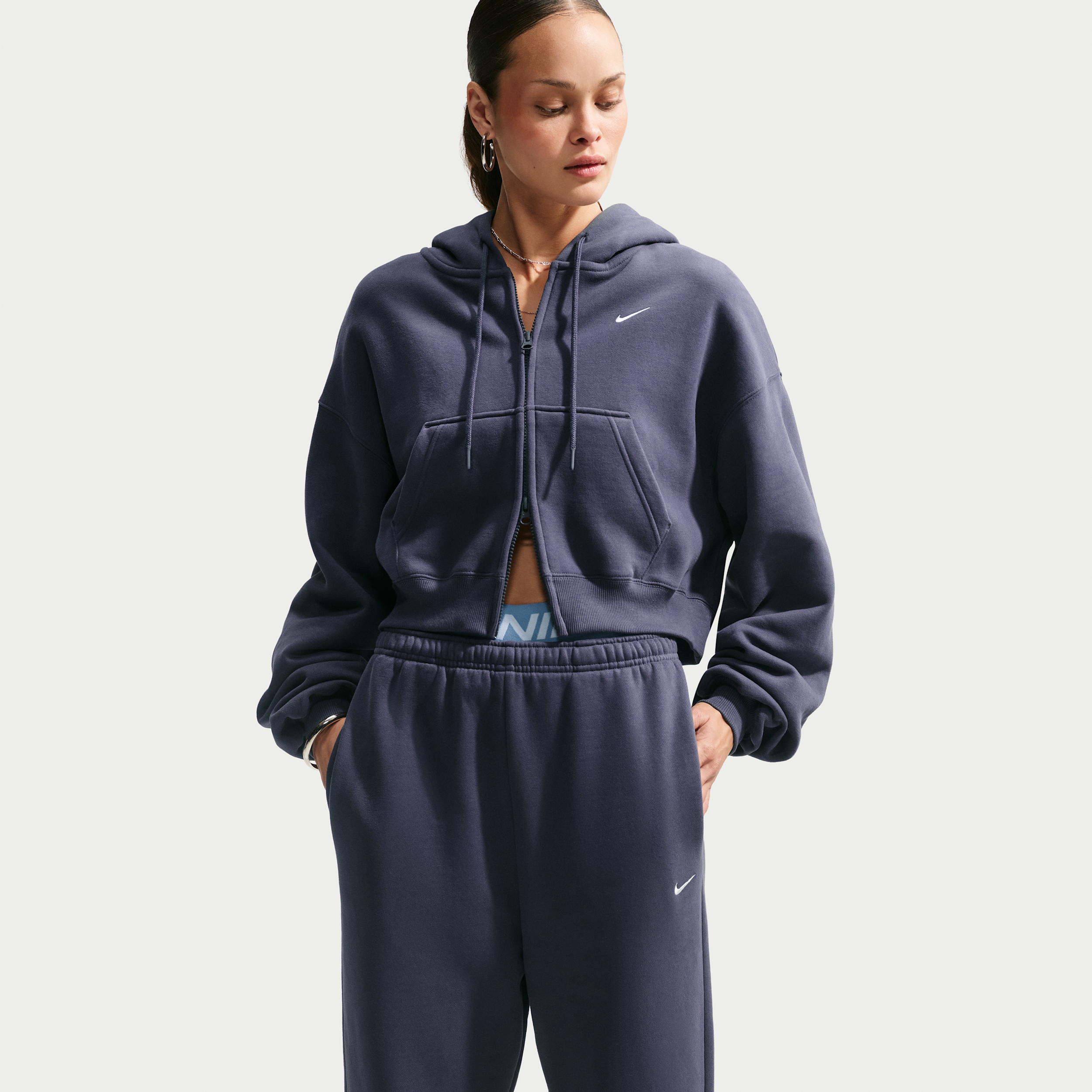 Nike Women's Studio Fleece Medium Weight Oversized Full-Zip Cropped Hoodie in Grey | IM8499-013