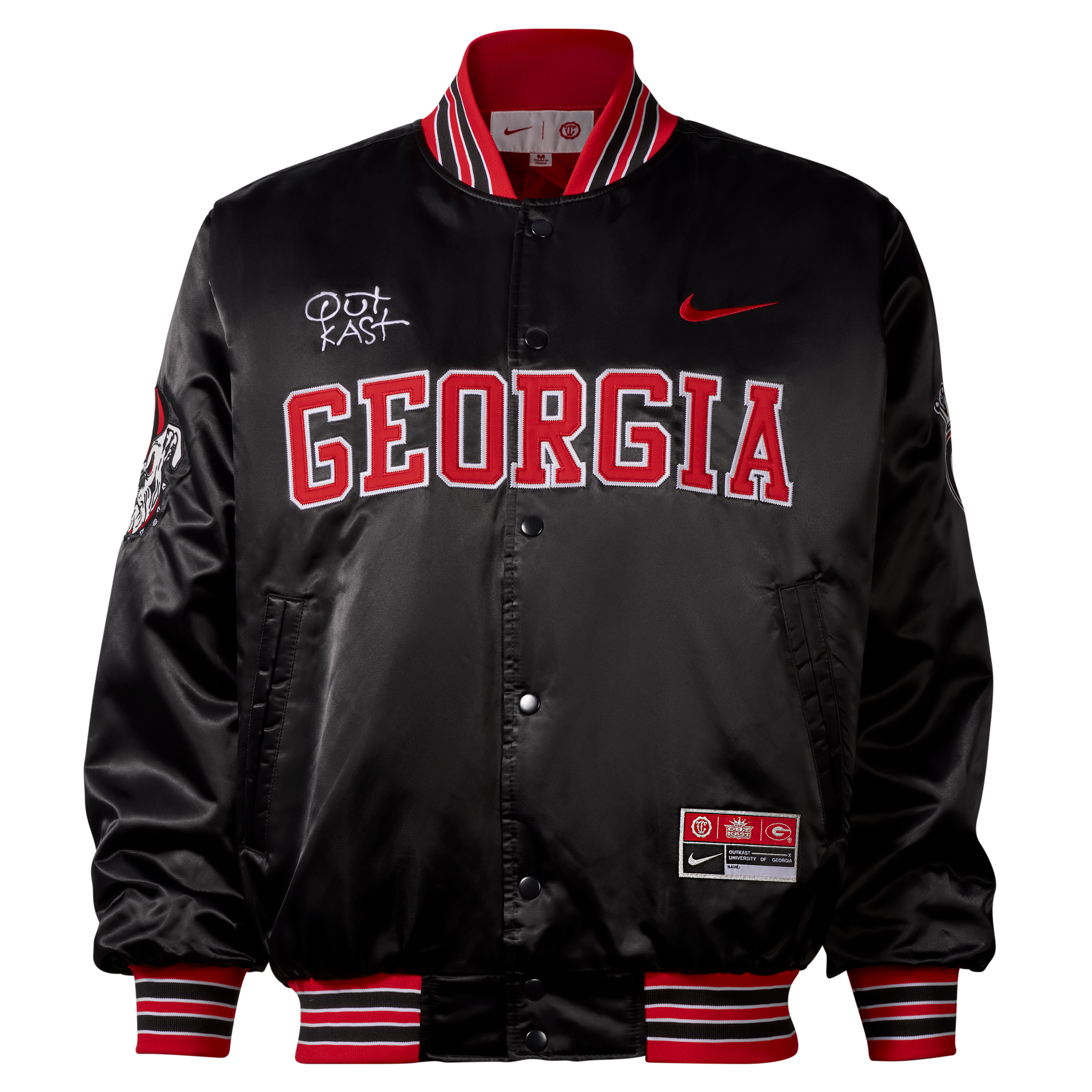 Satin Bomber Jacket Nike Men's x UGA x Outkast in Black | IKOKT013BJ-BLK