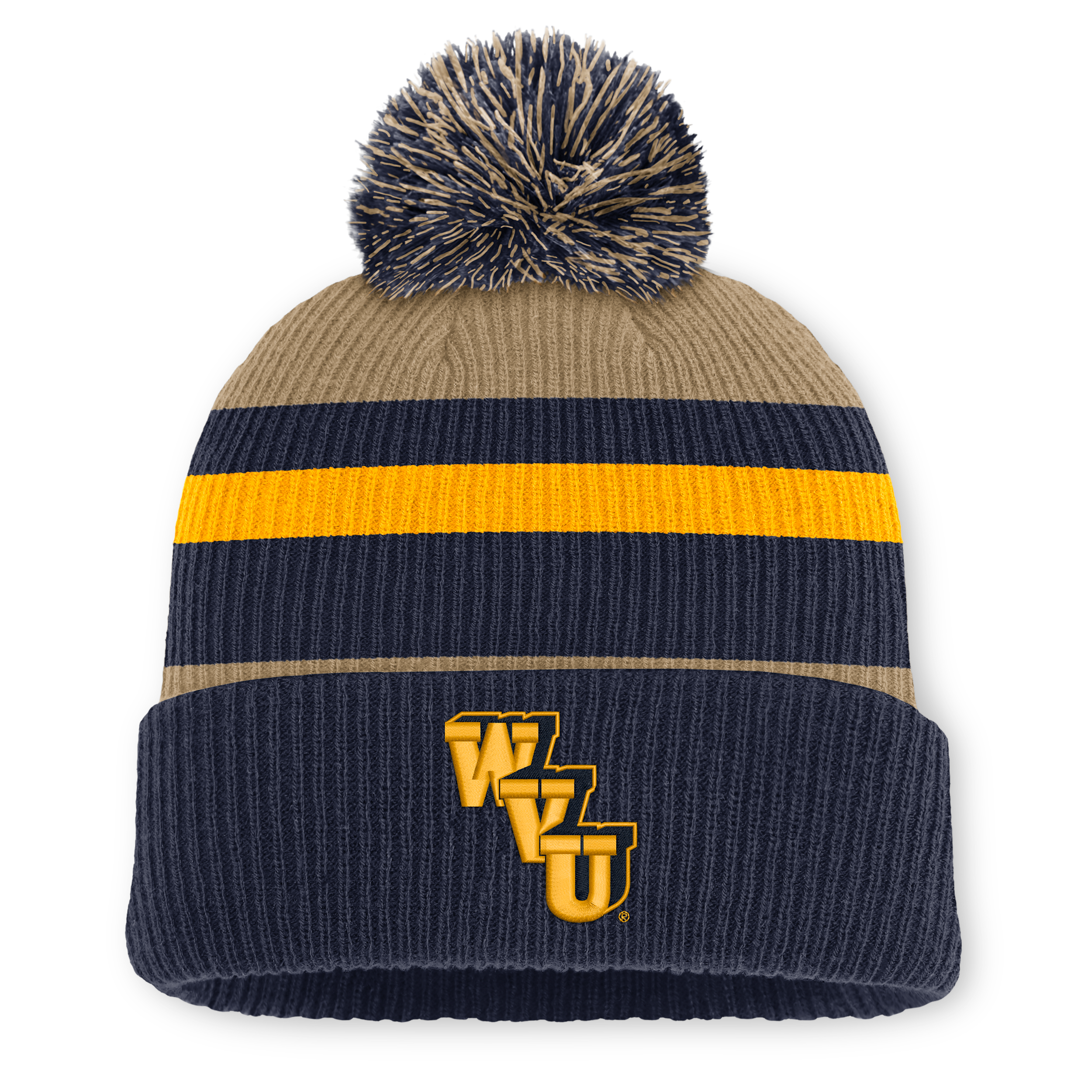 Men's and Women's Nike Navy/Beige West Virginia Mountaineers Legacy Striped Cuffed Knit Hat with Pom - Beige, Navy