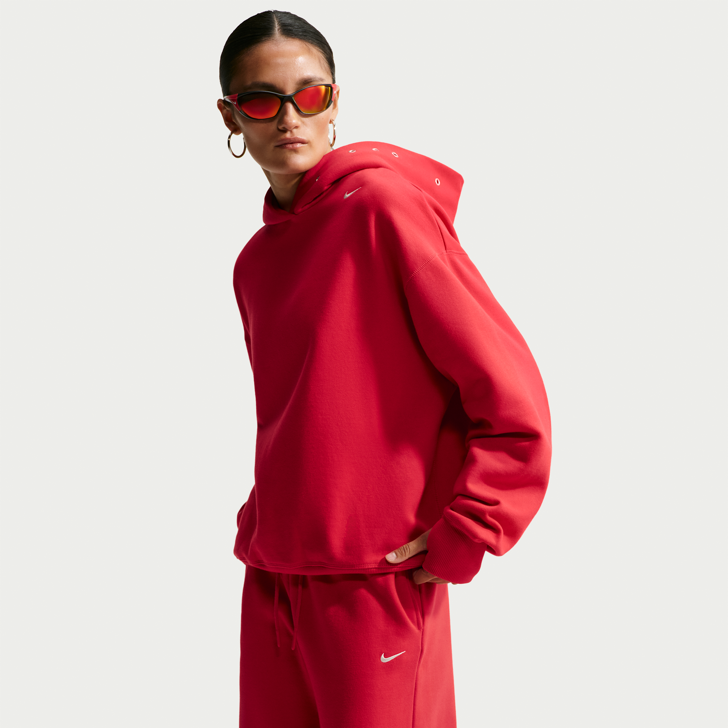 Nike Women's Studio Fleece Medium Weight Grommet Oversized Pullover Hoodie in University Red/Sail Size: XL
