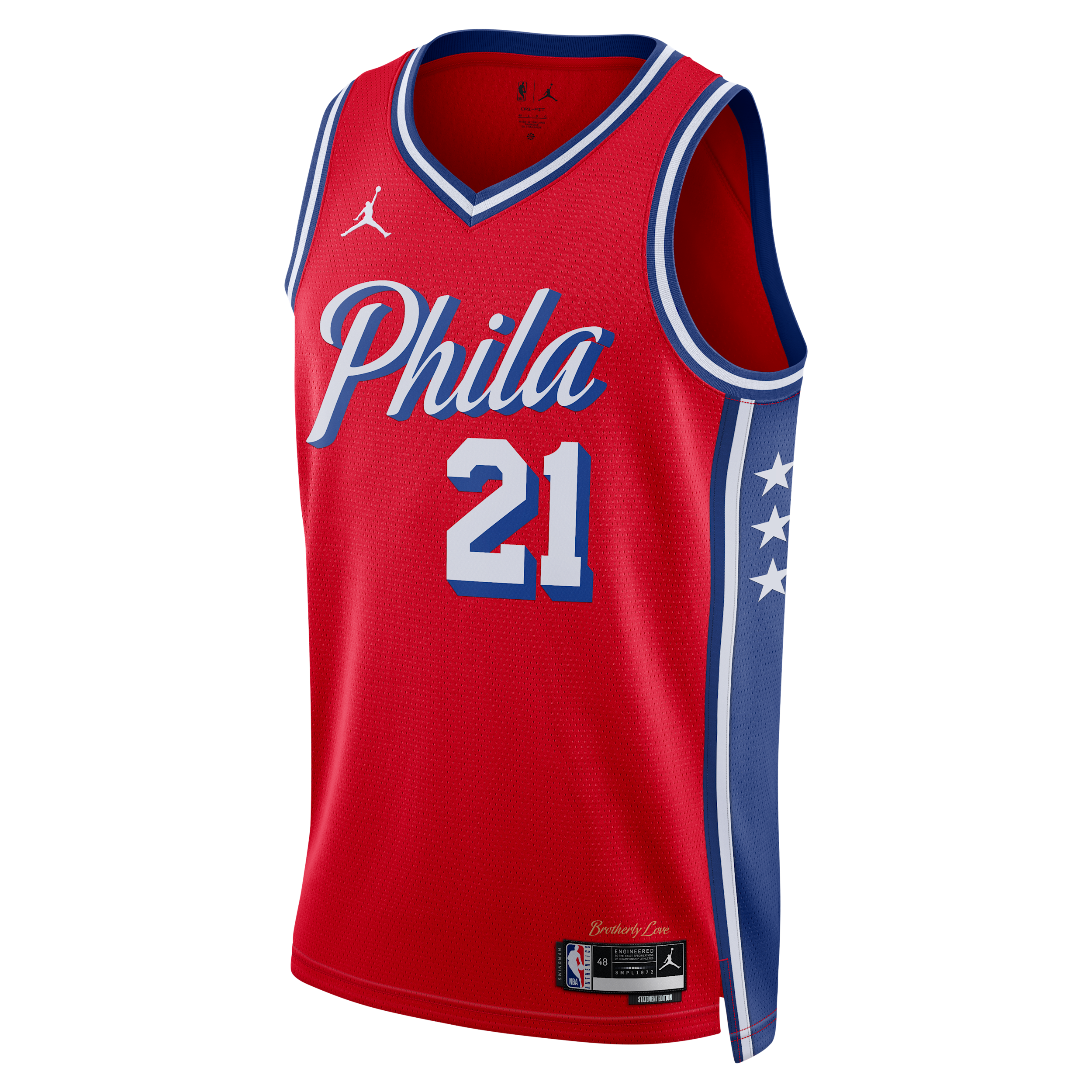 Men's Philadelphia 76ers Statement Edition Jordan Dri-FIT NBA Swingman Jersey in Red | DO9539-658