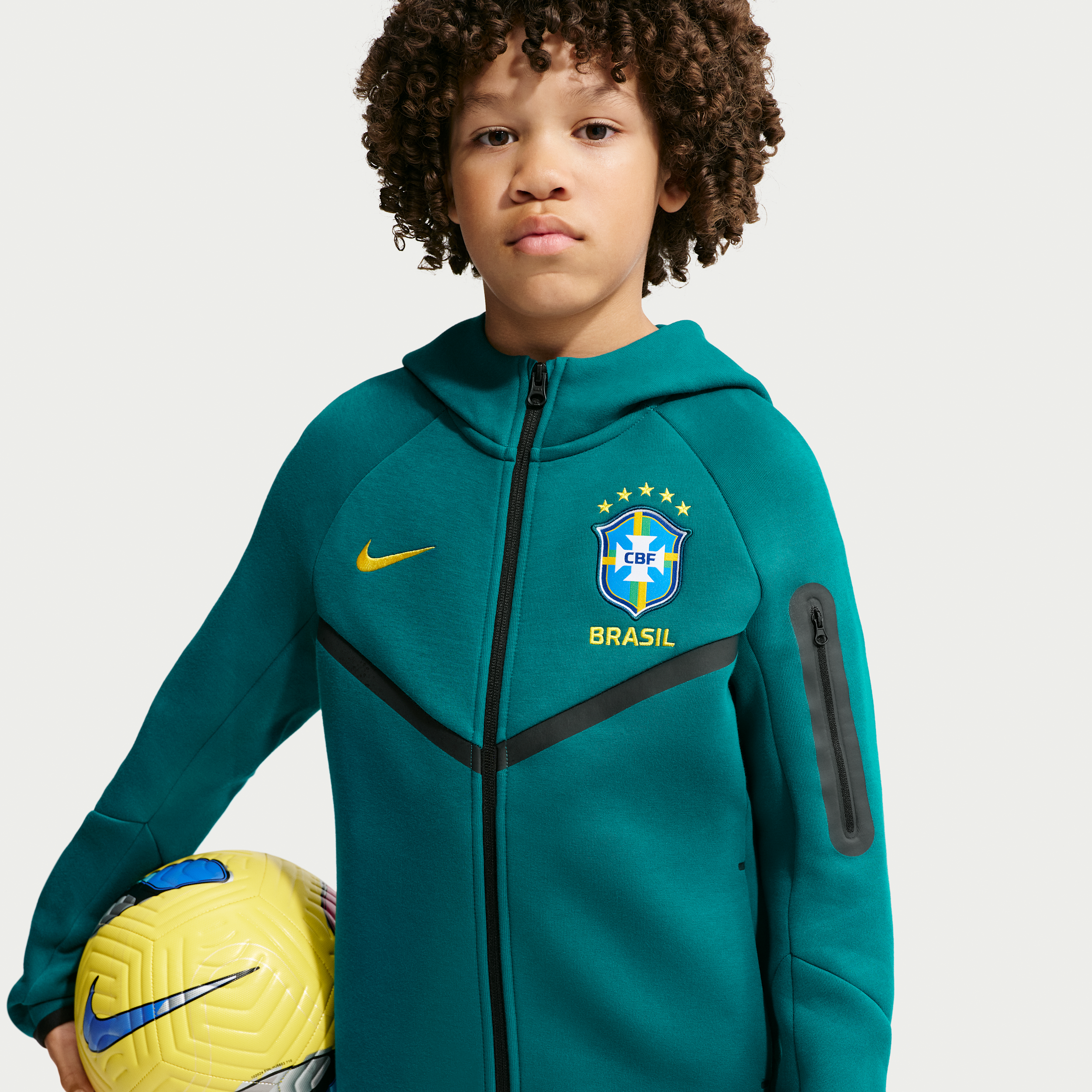 Brazil Tech Fleece Big Kids' (Boys') Nike Soccer Full-Zip Hoodie in Green | IB7863-381