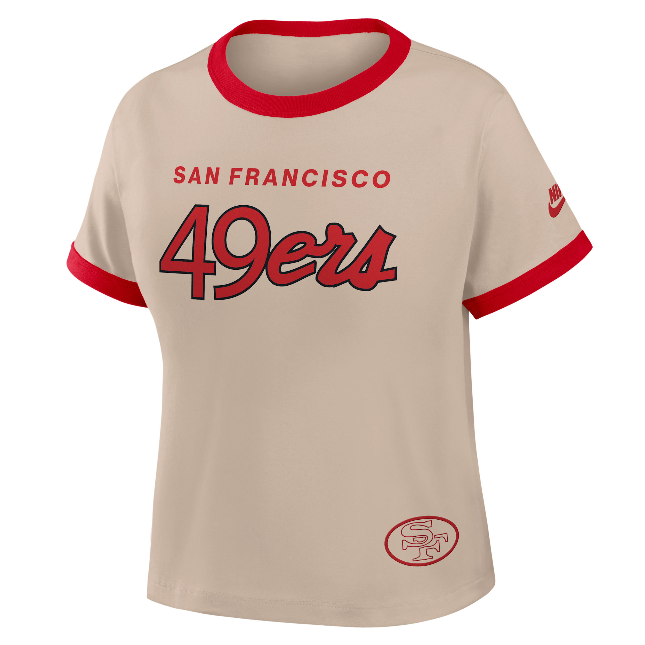 San Francisco 49ers Rewind Ringer Mod Nike Women's NFL Cropped T-Shirt in Brown | 04N90J2Q73V-X5Q