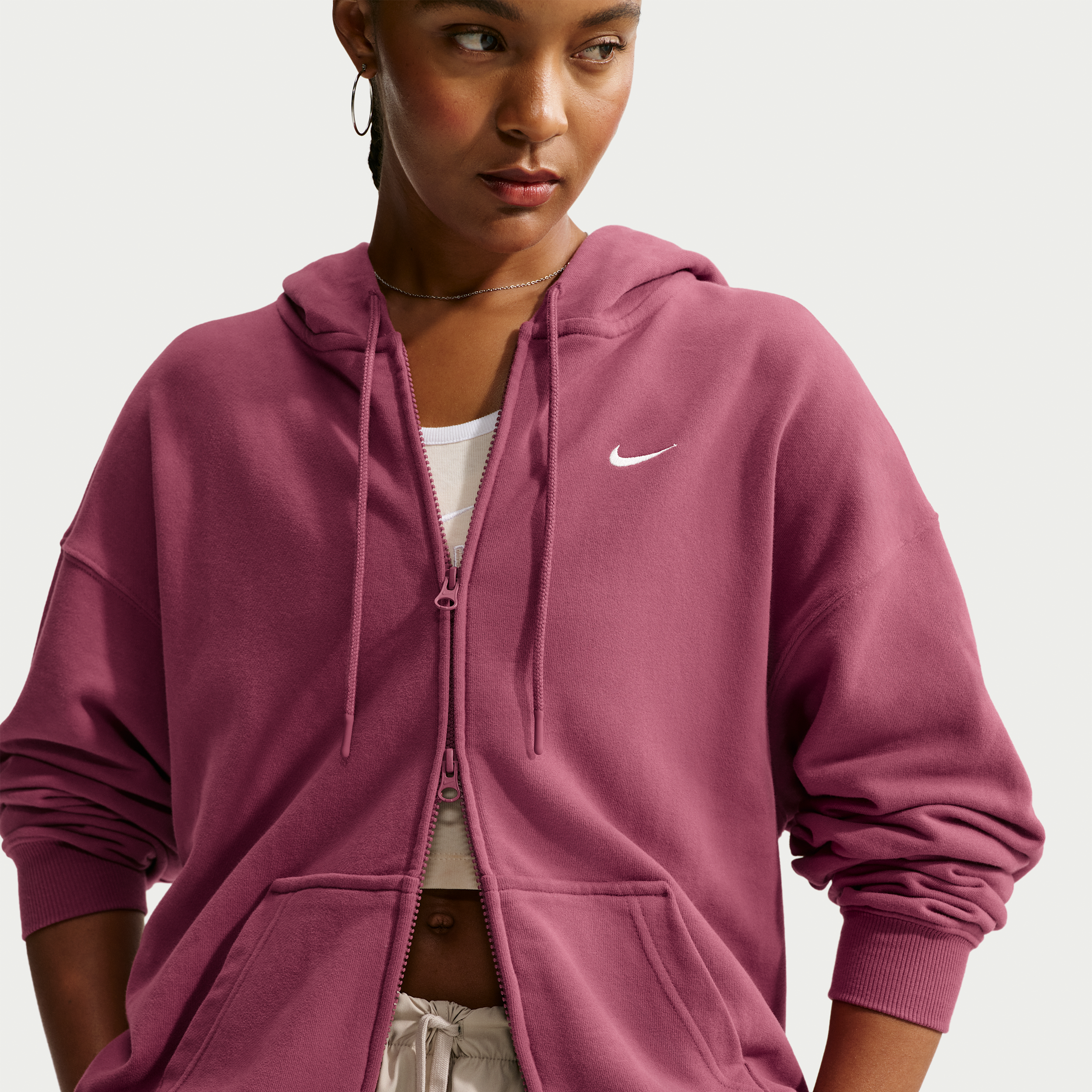 Nike Women's Studio Fleece Lightweight "French Terry" Oversized Full-Zip Hoodie in Red | IM8108-654