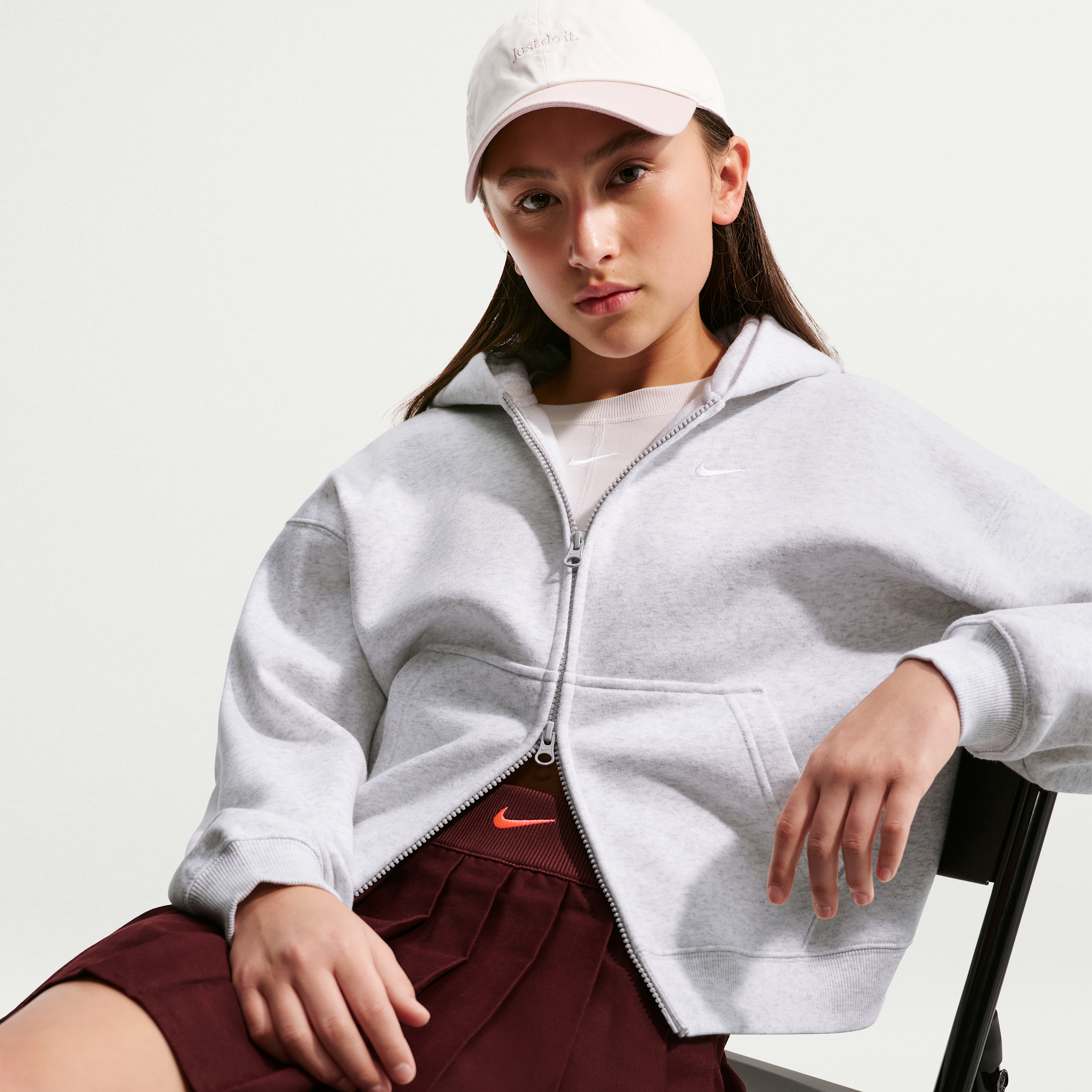 Nike Sportswear Studio Fleece Big Kids' (Girls') Oversized Full-Zip Hoodie in Brown | IM4904-051