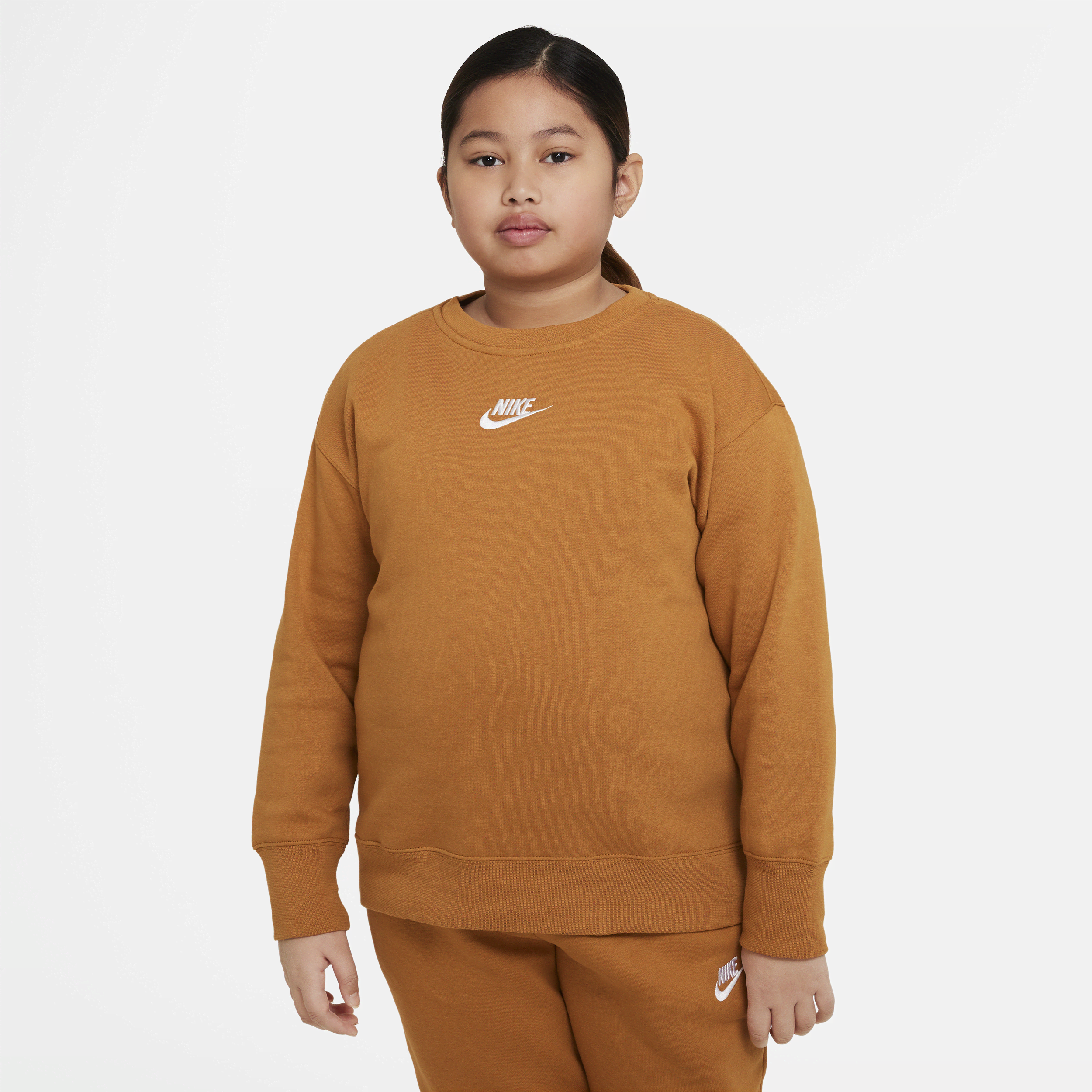 Nike Sportswear Club Fleece Big Kids' (girls') Crew (extended Size) In Brown