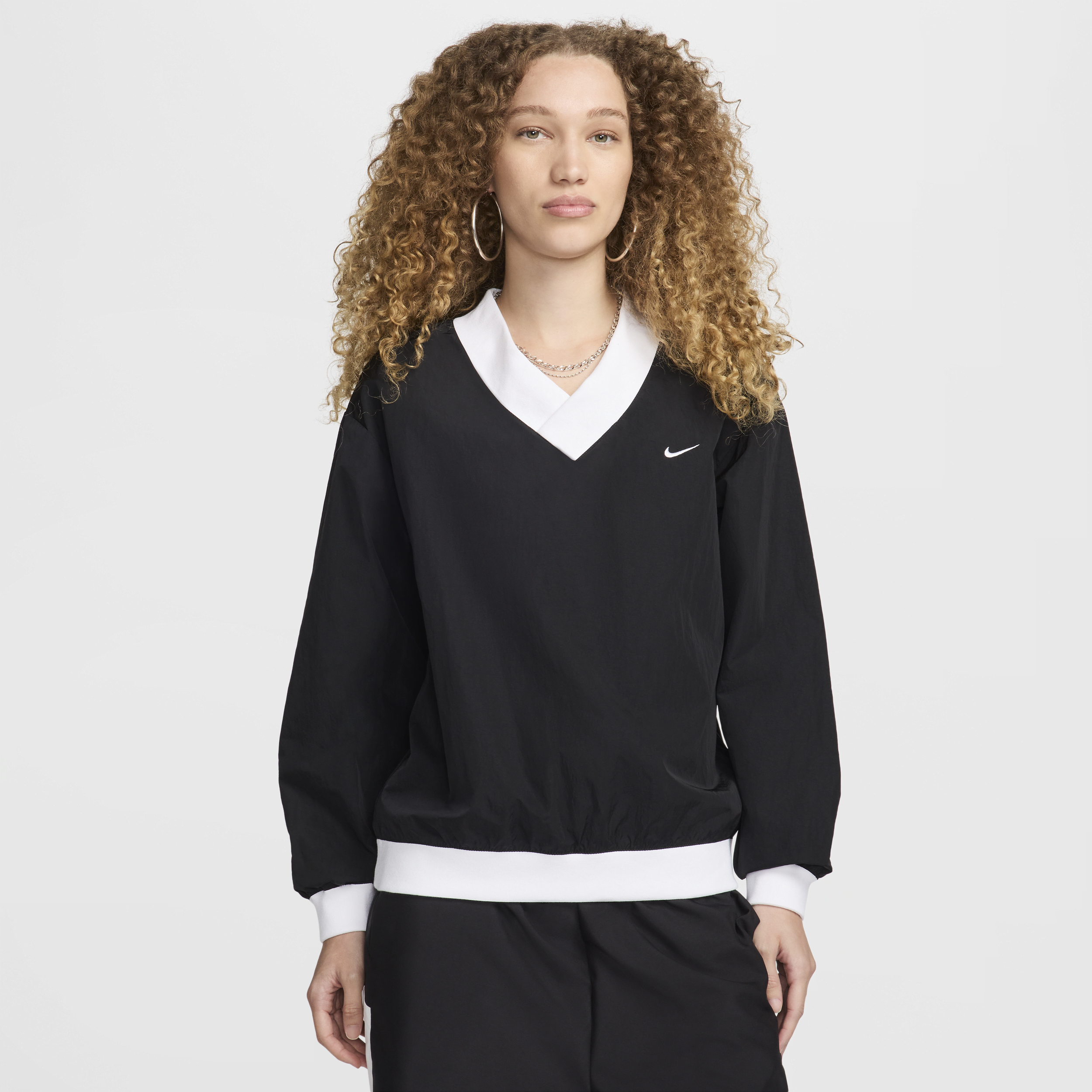 Nike Women's Sportswear Essential Loose Uv Woven Long-sleeve V-neck Top In Black