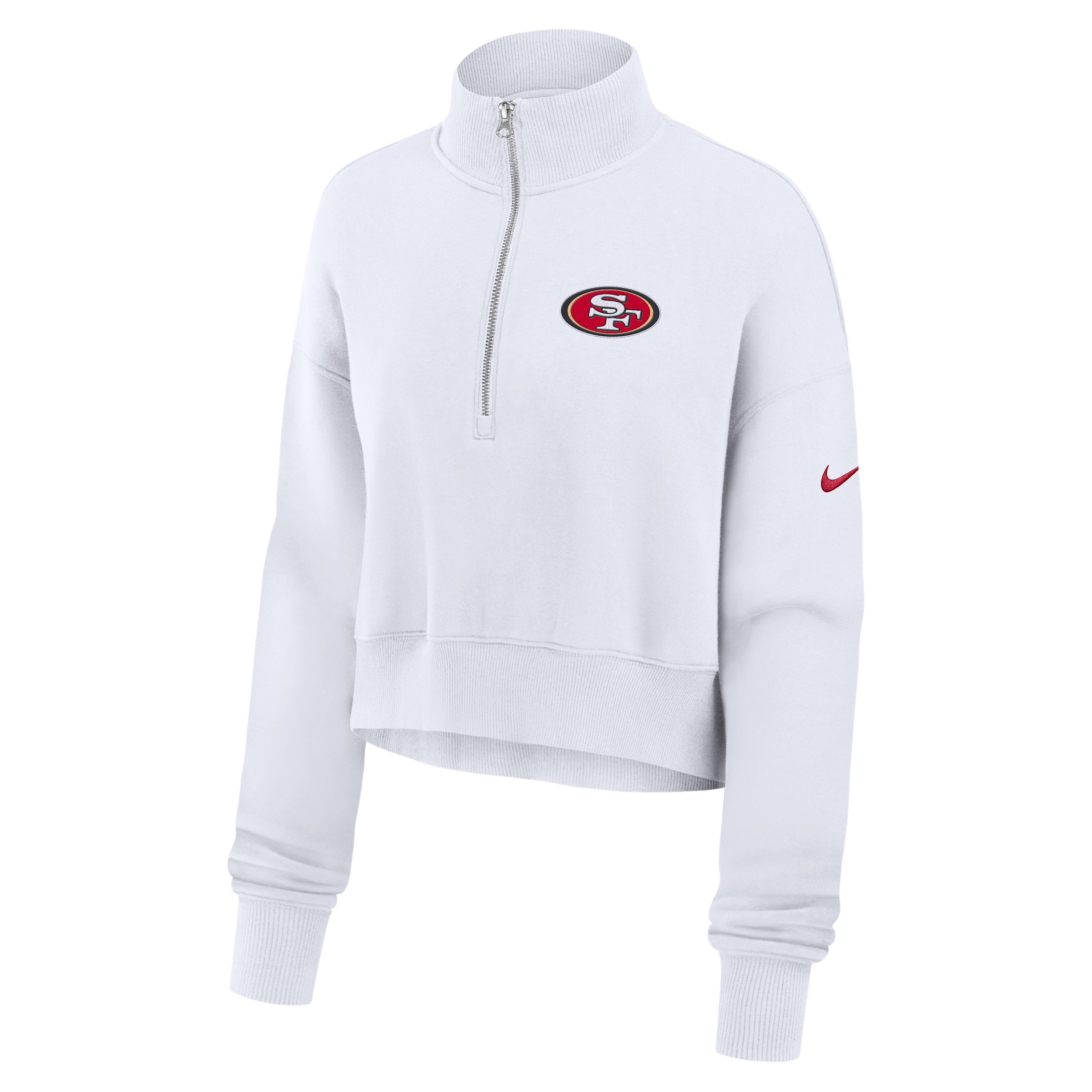 San Francisco 49ers Primetime Phoenix Nike Women's NFL Oversized Cropped 1/4-Zip Crew in White | 01N910A9B-LCD