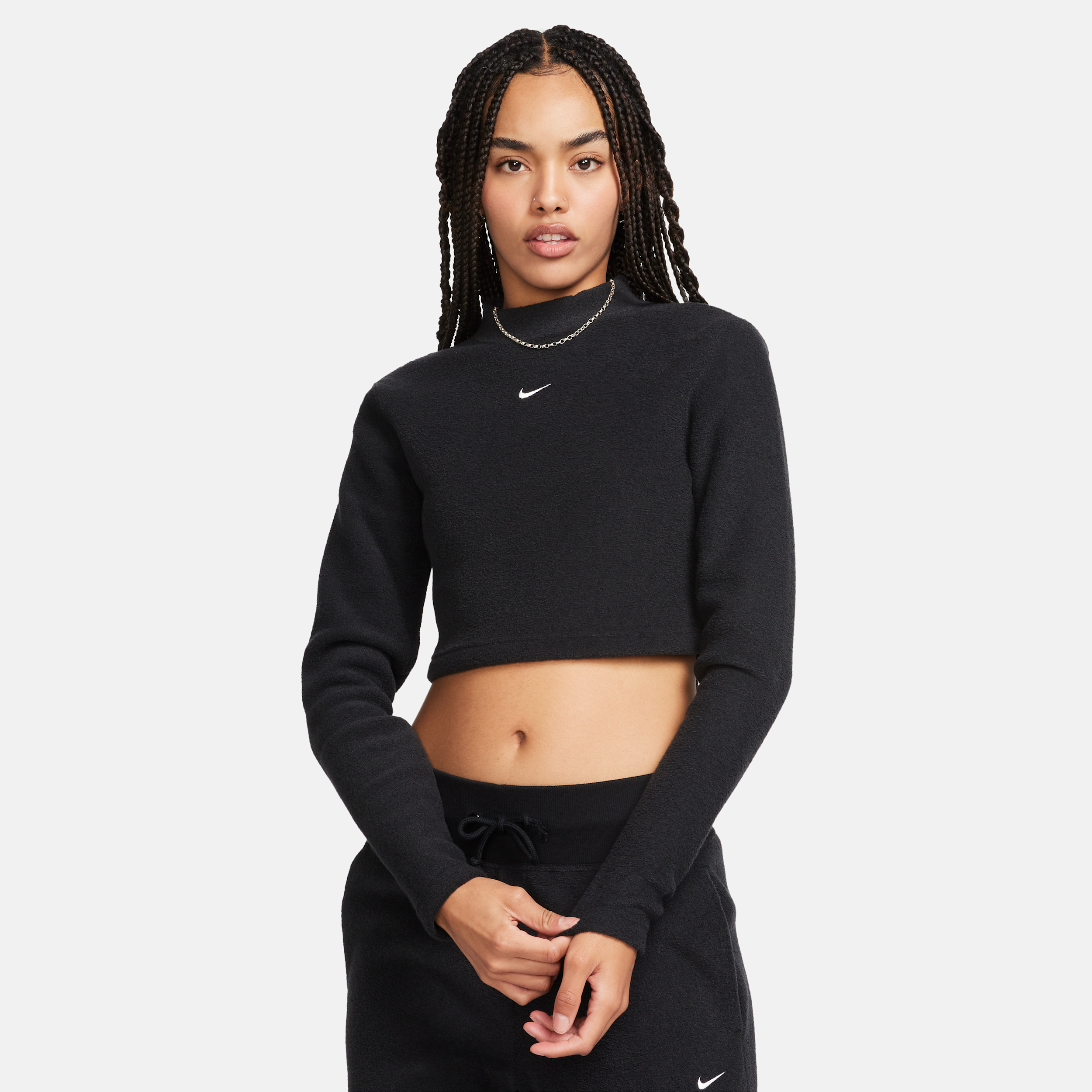 Women's Nike Sportswear Phoenix Plush Slim Mock-Neck Long-Sleeve Cropped Cozy Fleece Top in Black | FN3619-010