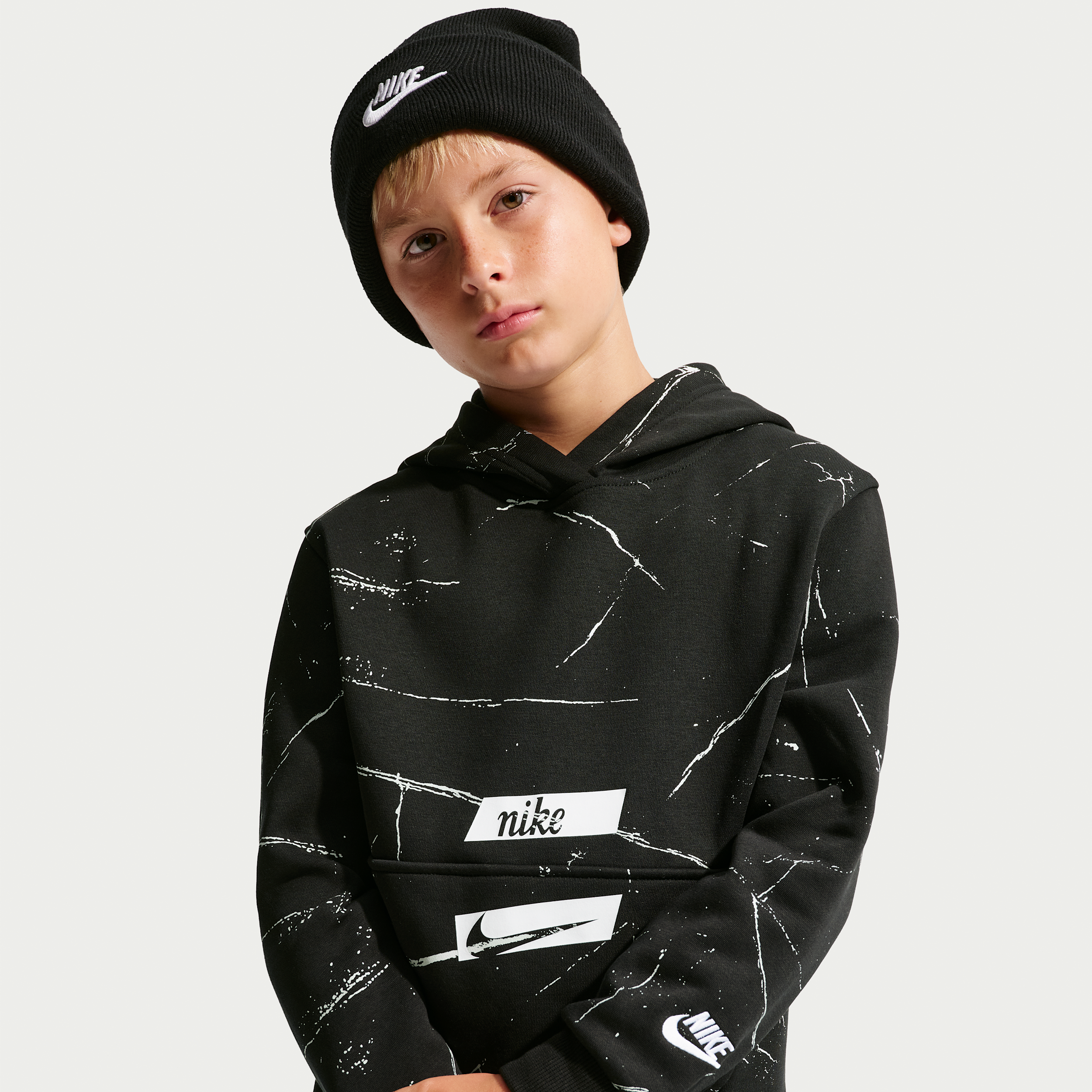 Nike Boys' and Girls' Sportswear Club Fleece Allover-Print Kangaroo Pocket Pullover Hoodie - Black/White