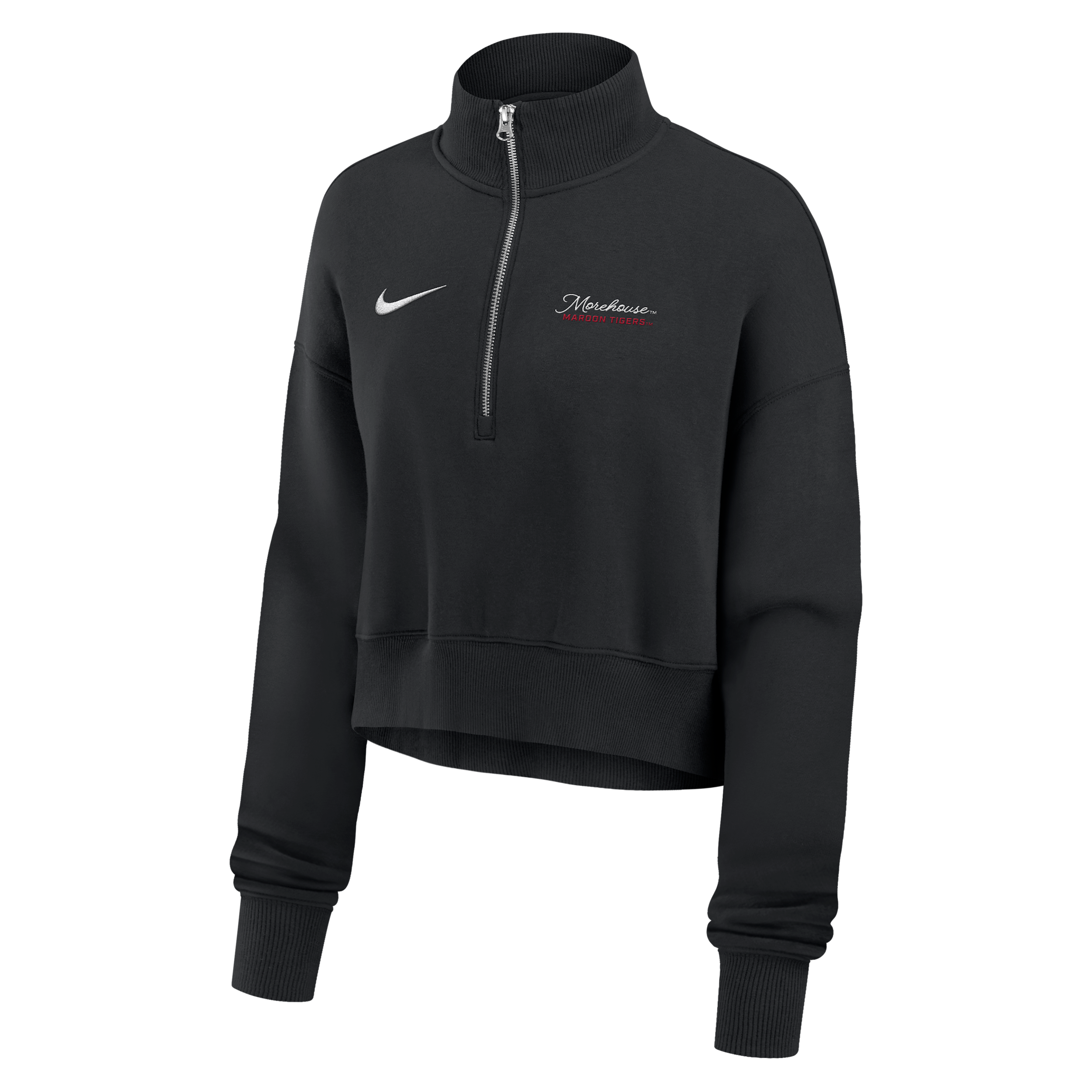 Nike Women's College Phoenix Fleece (Morehouse College) Cropped 1/4-Zip Pullover in Black | ZW34590MORE25-BLK